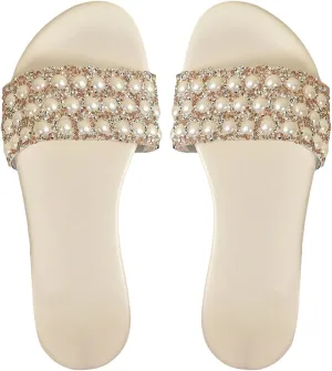 GORGLITTER Women's Rhinestone Pearl Flats Sparkly Open Toe Vacation Slide Sandals