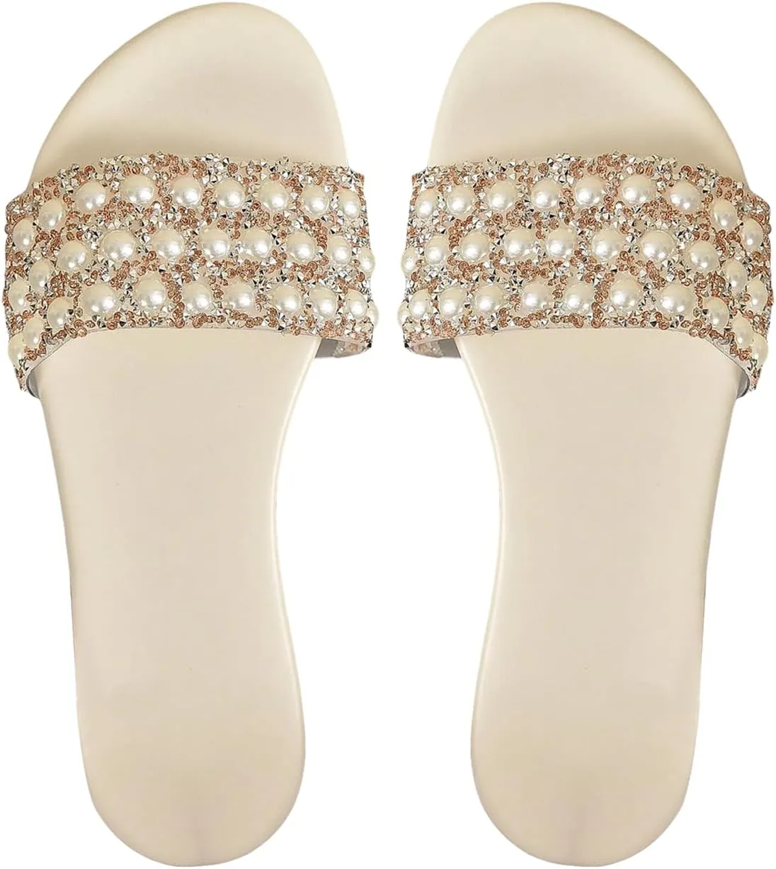 GORGLITTER Women's Rhinestone Pearl Flats Sparkly Open Toe Vacation Slide Sandals