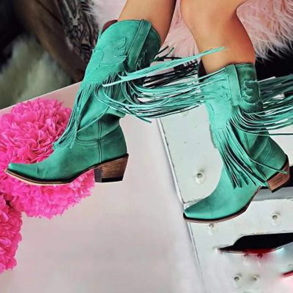 JITUUE Mid calf boots for women Western Tassel Retro Cowboy Pointed Toe Low-Heeled Moccasin Shoes Fashion Western Knight Booties