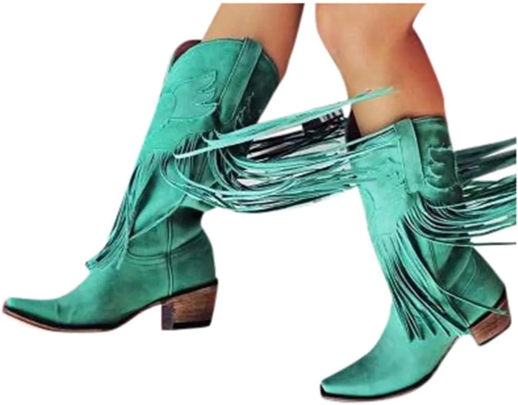 JITUUE Mid calf boots for women Western Tassel Retro Cowboy Pointed Toe Low-Heeled Moccasin Shoes Fashion Western Knight Booties