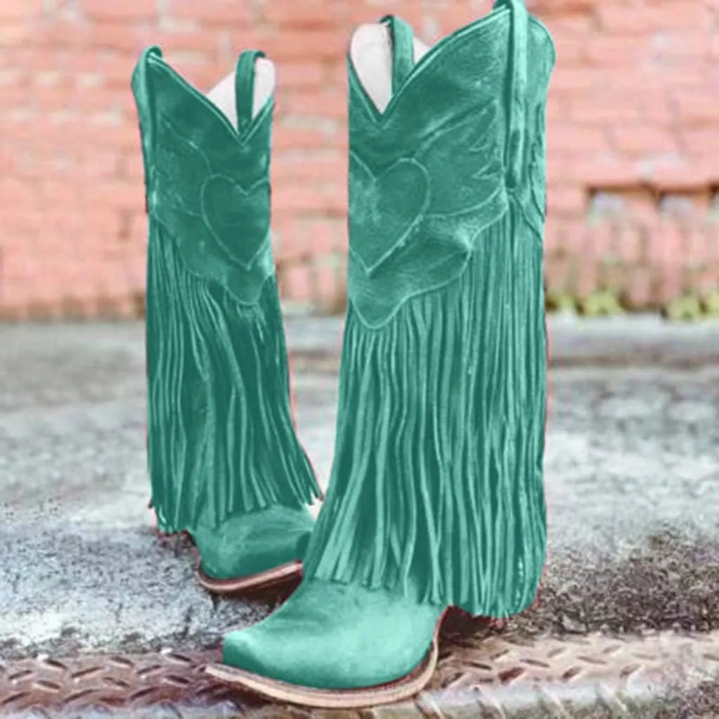 JITUUE Mid calf boots for women Western Tassel Retro Cowboy Pointed Toe Low-Heeled Moccasin Shoes Fashion Western Knight Booties