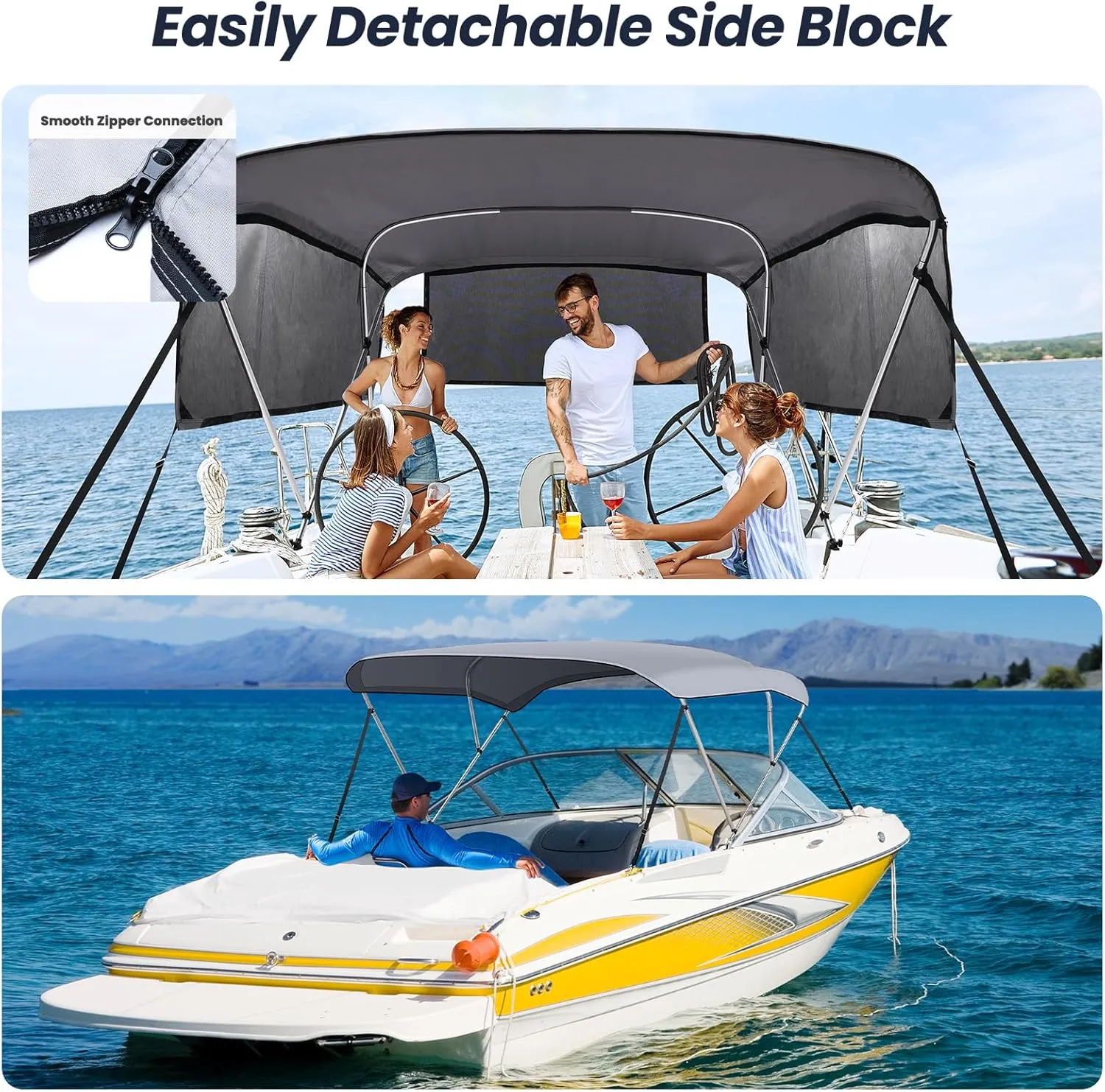 KAKIT 3 4 Bow Bimini Tops for Boats with 3 Mesh Sidewalls Rear Support Poles Boat Canopy Includes Straps Storage Boot, Dark Gray
