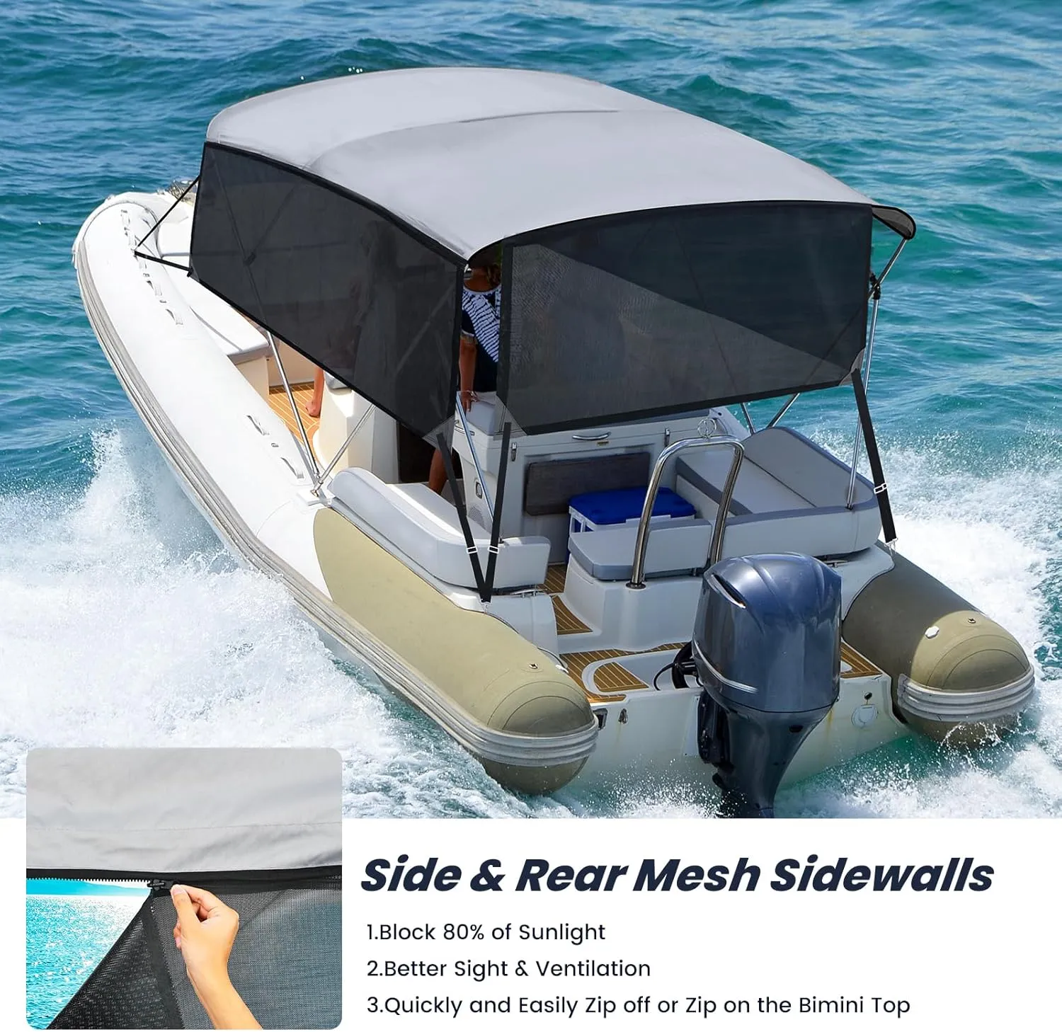 KAKIT 3 4 Bow Bimini Tops for Boats with 3 Mesh Sidewalls Rear Support Poles Boat Canopy Includes Straps Storage Boot, Dark Gray