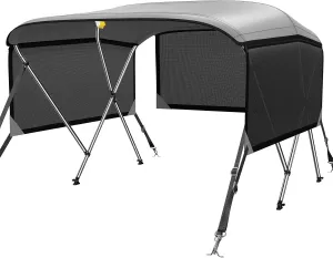 KAKIT 3 4 Bow Bimini Tops for Boats with 3 Mesh Sidewalls Rear Support Poles Boat Canopy Includes Straps Storage Boot, Dark Gray