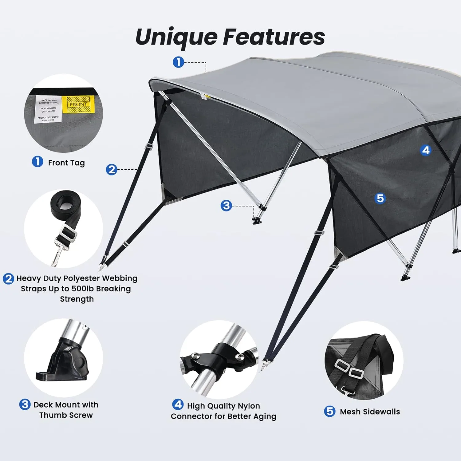 KAKIT 3 4 Bow Bimini Tops for Boats with 3 Mesh Sidewalls Rear Support Poles Boat Canopy Includes Straps Storage Boot, Dark Gray
