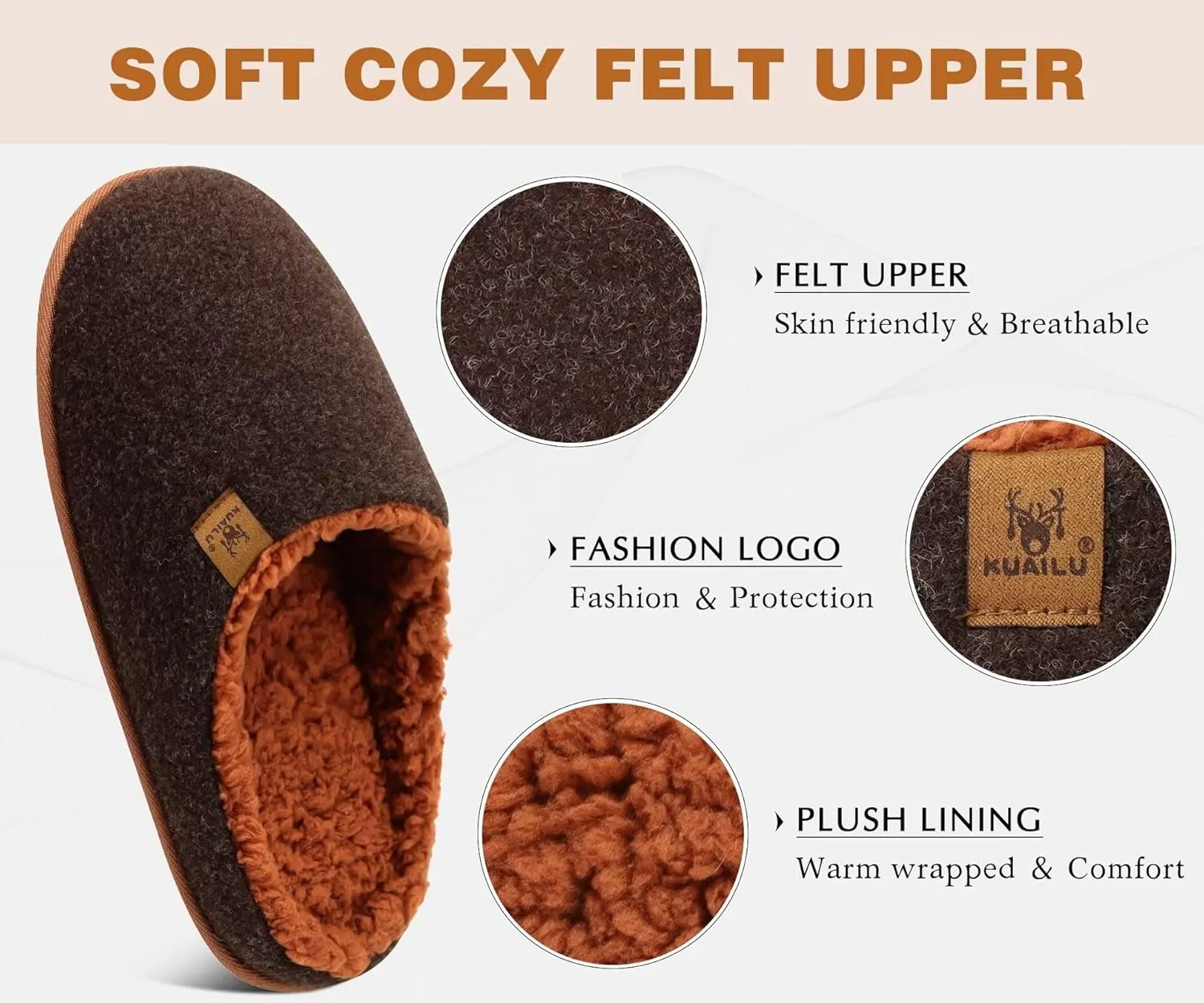 KuaiLu Mens House Memory Foam Slippers with Comfy Warm Plush Lining Felt Slip On Casual Pantuflas Mans Comfortable Bedroom Shoes Rubber Sole for Indoor&Outdoor (Mens Size 7-15)