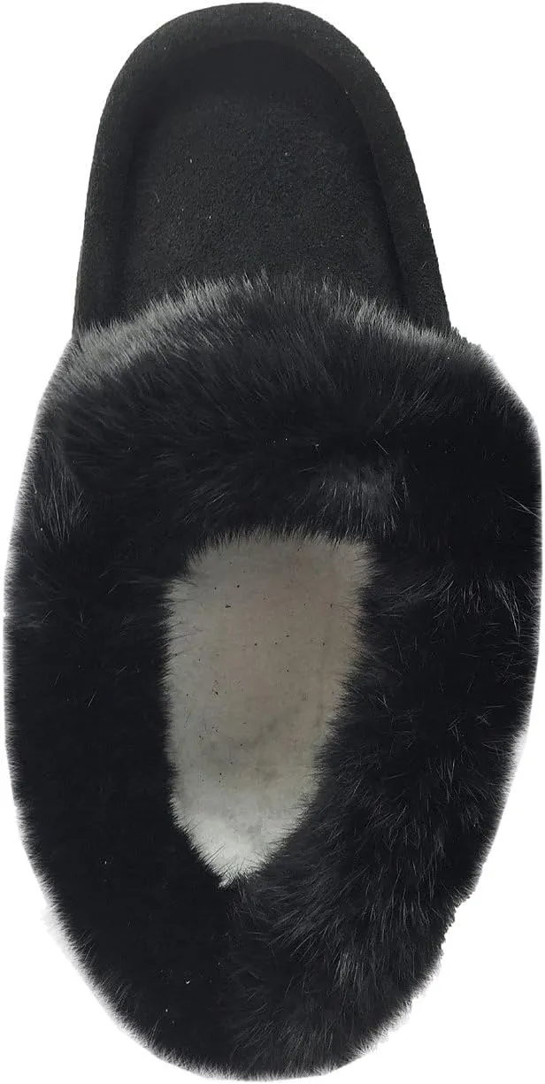 Laurentian Chief Men's Suede with Rabbit Fur Collar Soft Sole Moccasin Slippers for Indoor