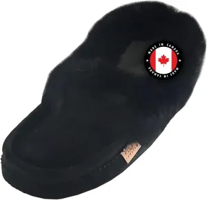 Laurentian Chief Men's Suede with Rabbit Fur Collar Soft Sole Moccasin Slippers for Indoor