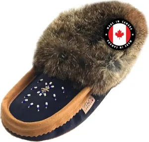 Laurentian Chief Moccasin Slippers for Women – Ladies Comfortable Slippers with Real Rabbit Fur Trim and Soft Faux Lining – Canada Quality Beaded Style Warmie Shoes for House Indoor
