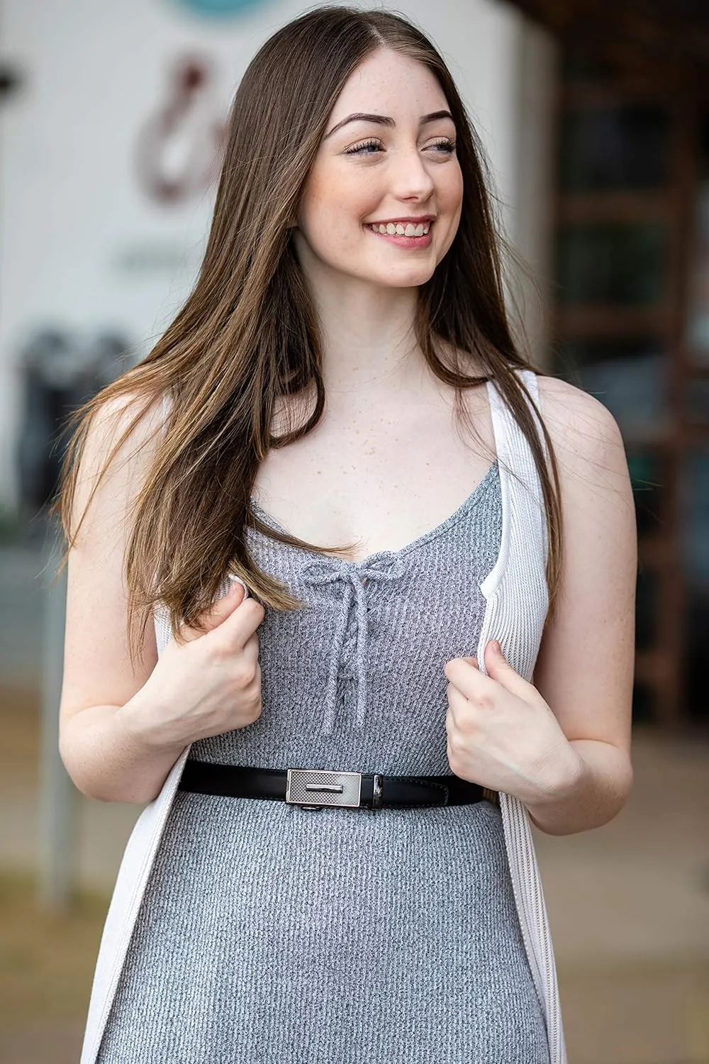 Leather Ratchet Belt for Women, Trim to Fit 18"- 44" Waist, Automatic Slide Buckle, No Holes, Gift Box
