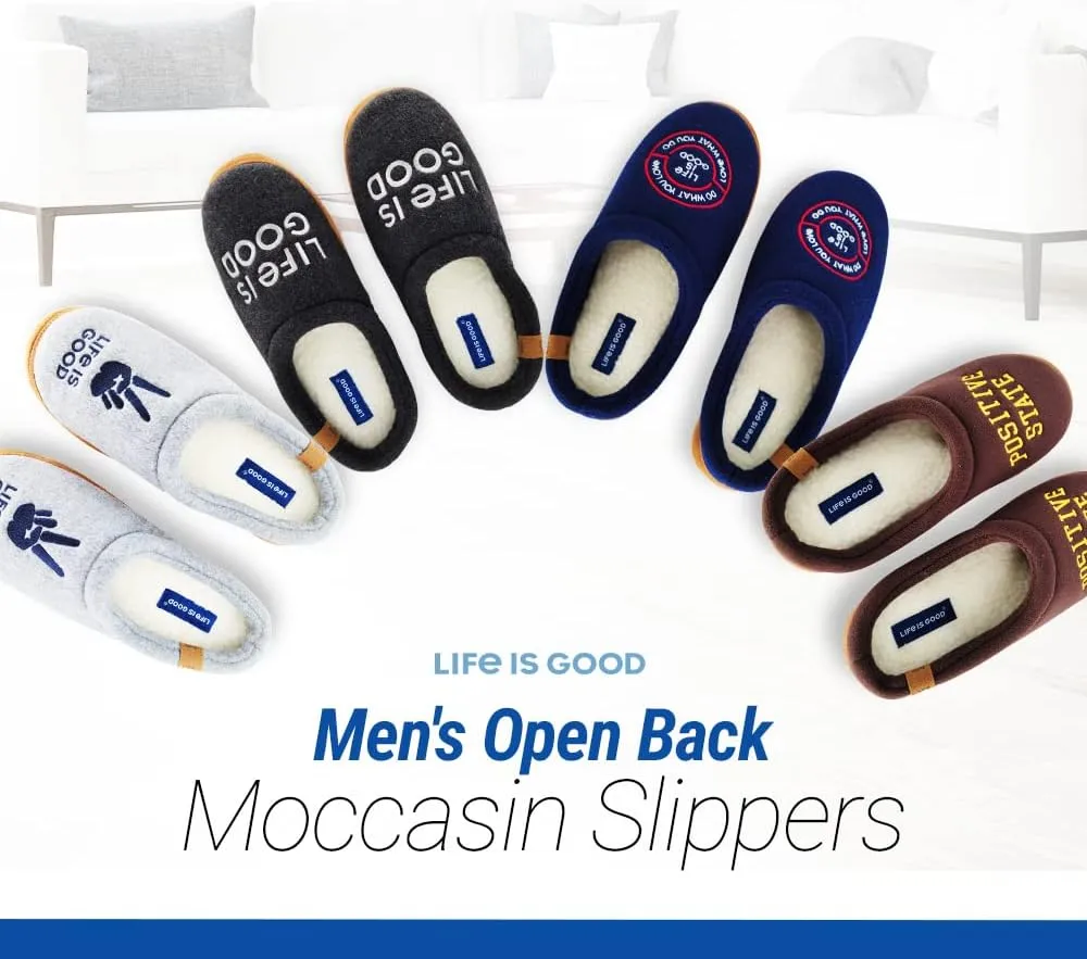 Life is Good Men's Open Back Fleece Slipper, 303593M - Suede & Fleece Indoor/Outdoor Plush & Cozy with Soft Foam & Rubber Sole Slippers