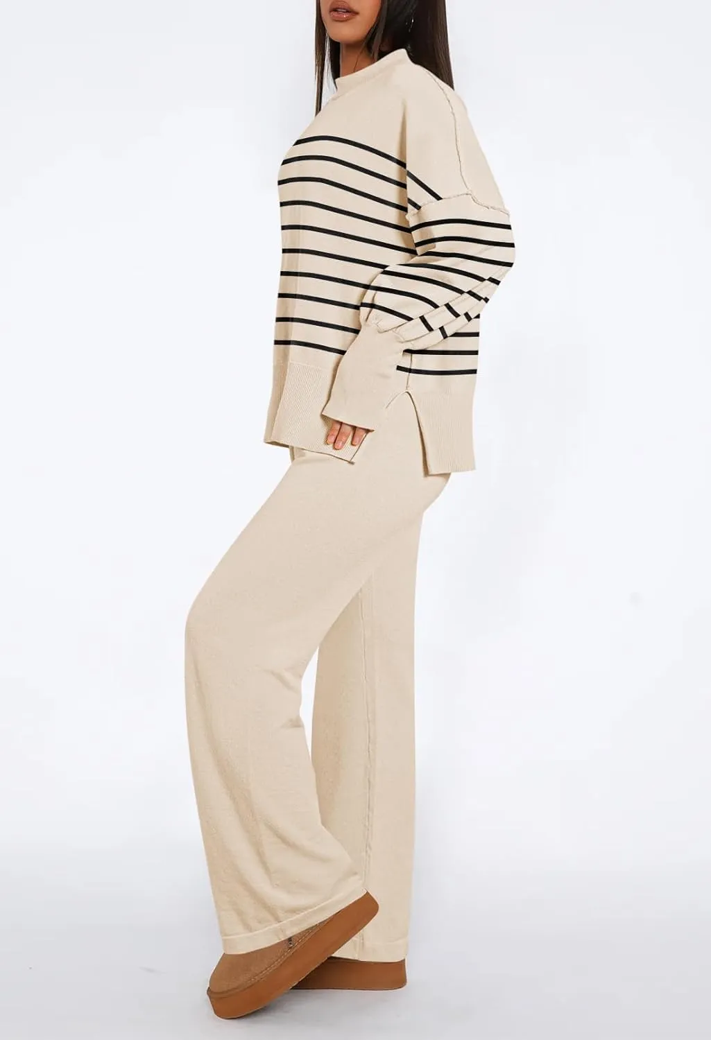 Linsery Women 2 Piece Sweater Sets Long Sleeve Knit Top Matching Wide Leg Pant Knitted Sweatsuit Outfits