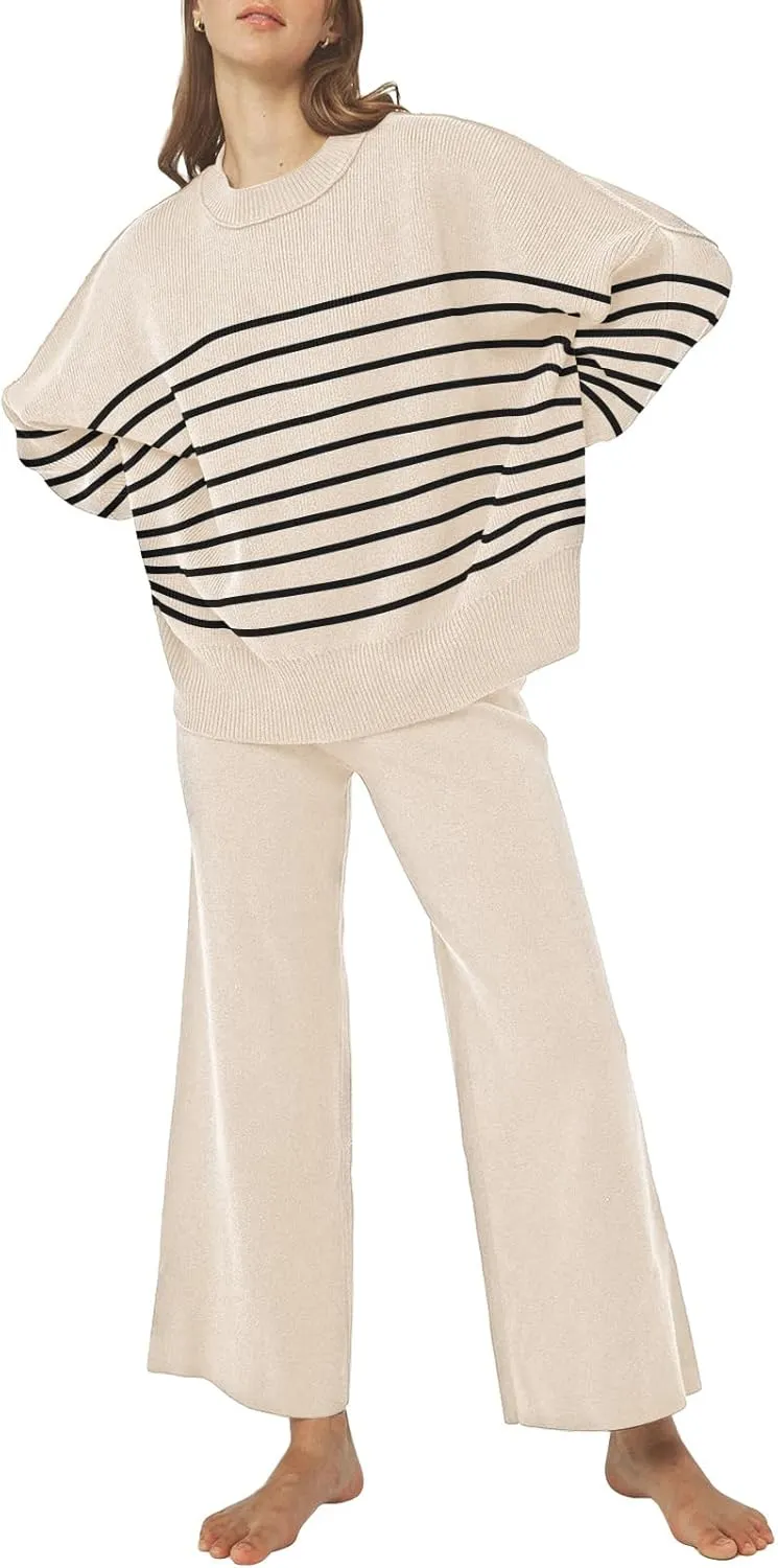 Linsery Women 2 Piece Sweater Sets Long Sleeve Knit Top Matching Wide Leg Pant Knitted Sweatsuit Outfits