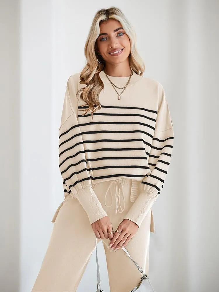 Linsery Women 2 Piece Sweater Sets Long Sleeve Knit Top Matching Wide Leg Pant Knitted Sweatsuit Outfits