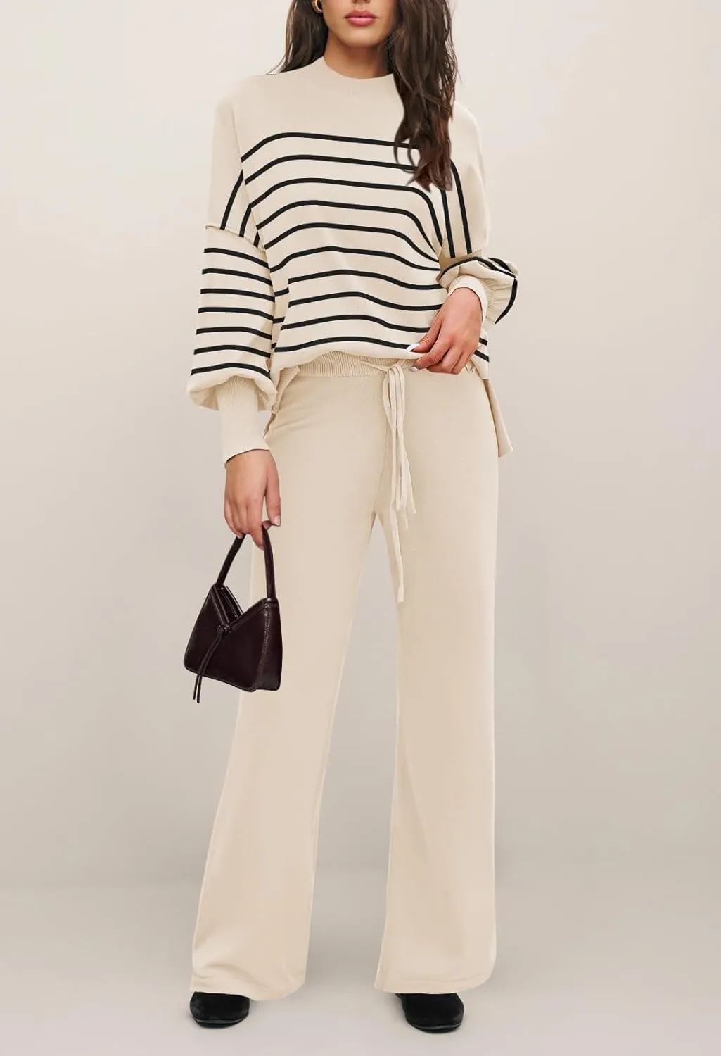 Linsery Women 2 Piece Sweater Sets Long Sleeve Knit Top Matching Wide Leg Pant Knitted Sweatsuit Outfits