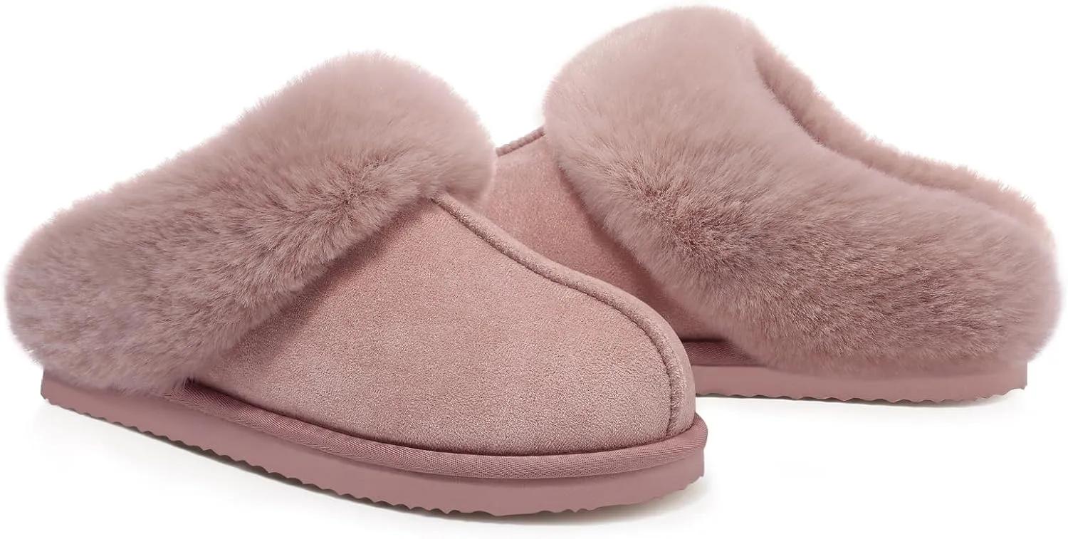 Litfun Fuzzy House Slippers for Women Fluffy Memory Foam Suede Slippers with Faux Fur Collar Indoor Outdoor