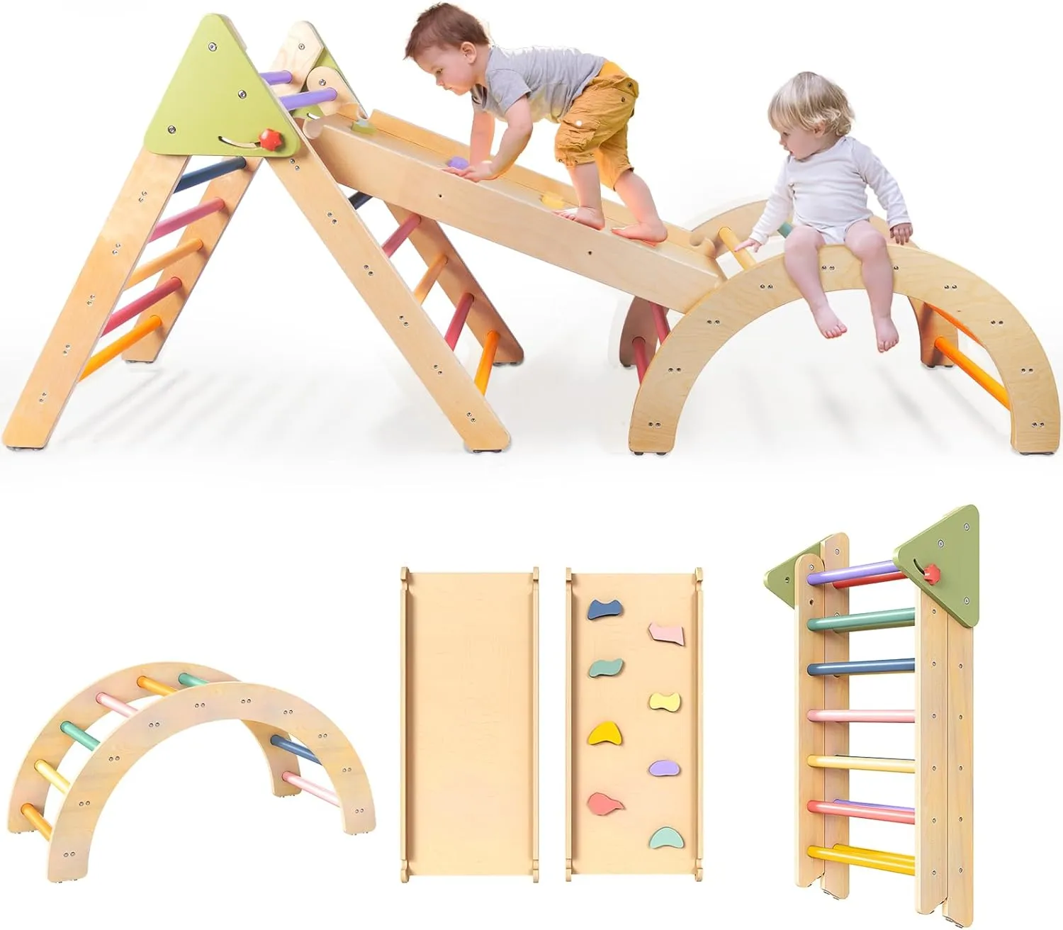 LOL-FUN Pikler Triangle Set Montessori Toddler Climbing Toys Indoor, Foldable Climbing Toys for Toddlers 1-3 Inside, 3 Piece Baby Climbing Gym Indoor Playground