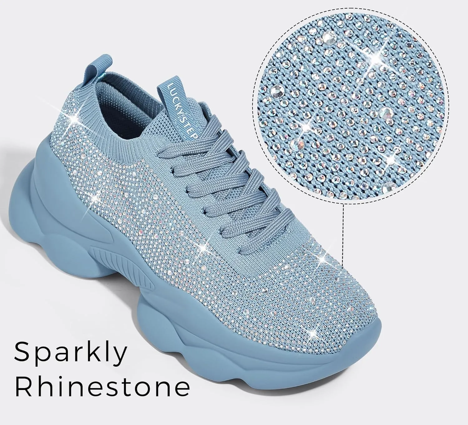 LUCKY STEP Women's Chunky Rhinestone Sneaker Sparkly Bling Bedazzled Mesh Slip on Elastic Sock Glitter Shiny Rave Walking Shoes