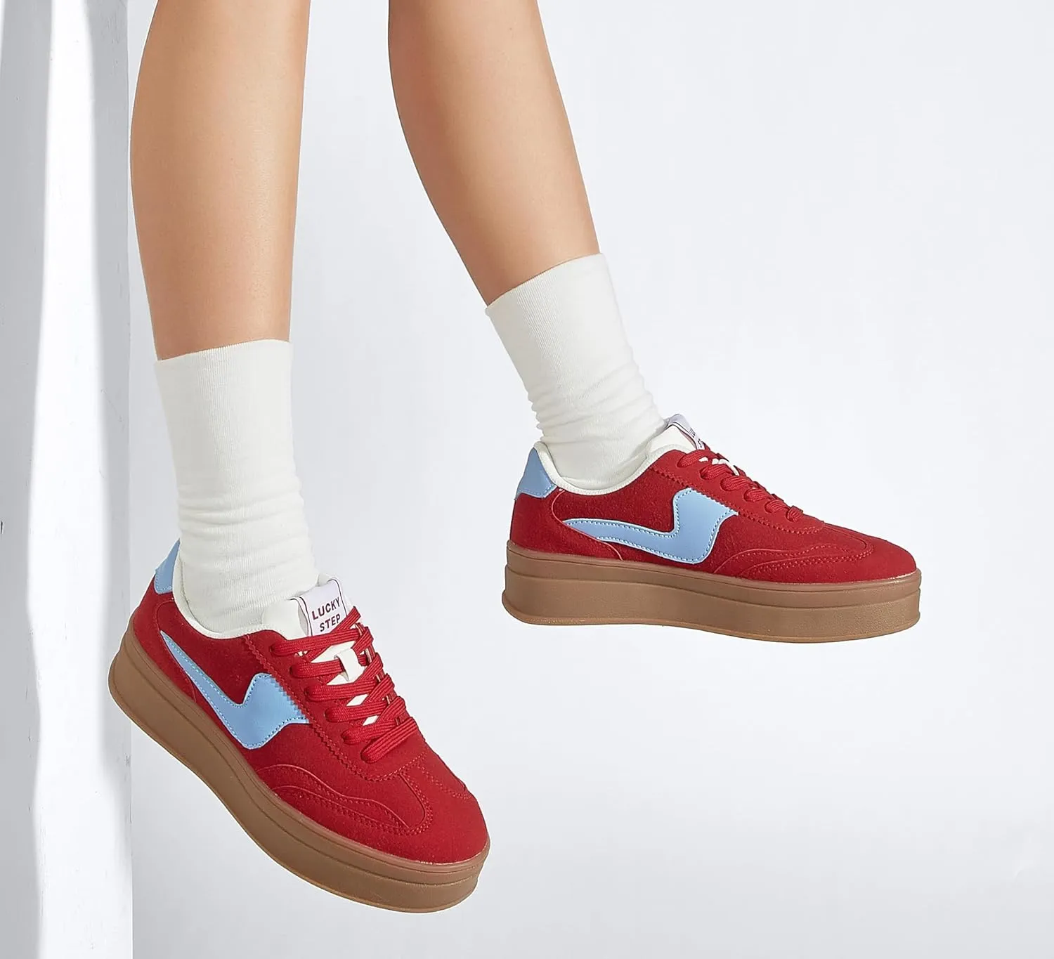 LUCKY STEP Women's Platform Fashion Sneakers Thick Sole Suede Genuine Leather Classic Rubber Gum Sole Low Top Casual Walking Shoes