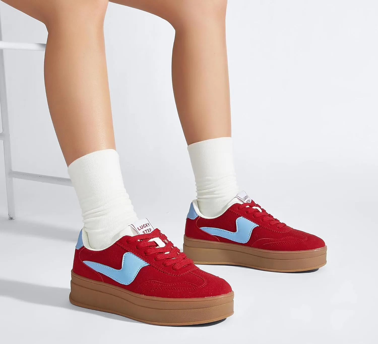 LUCKY STEP Women's Platform Fashion Sneakers Thick Sole Suede Genuine Leather Classic Rubber Gum Sole Low Top Casual Walking Shoes