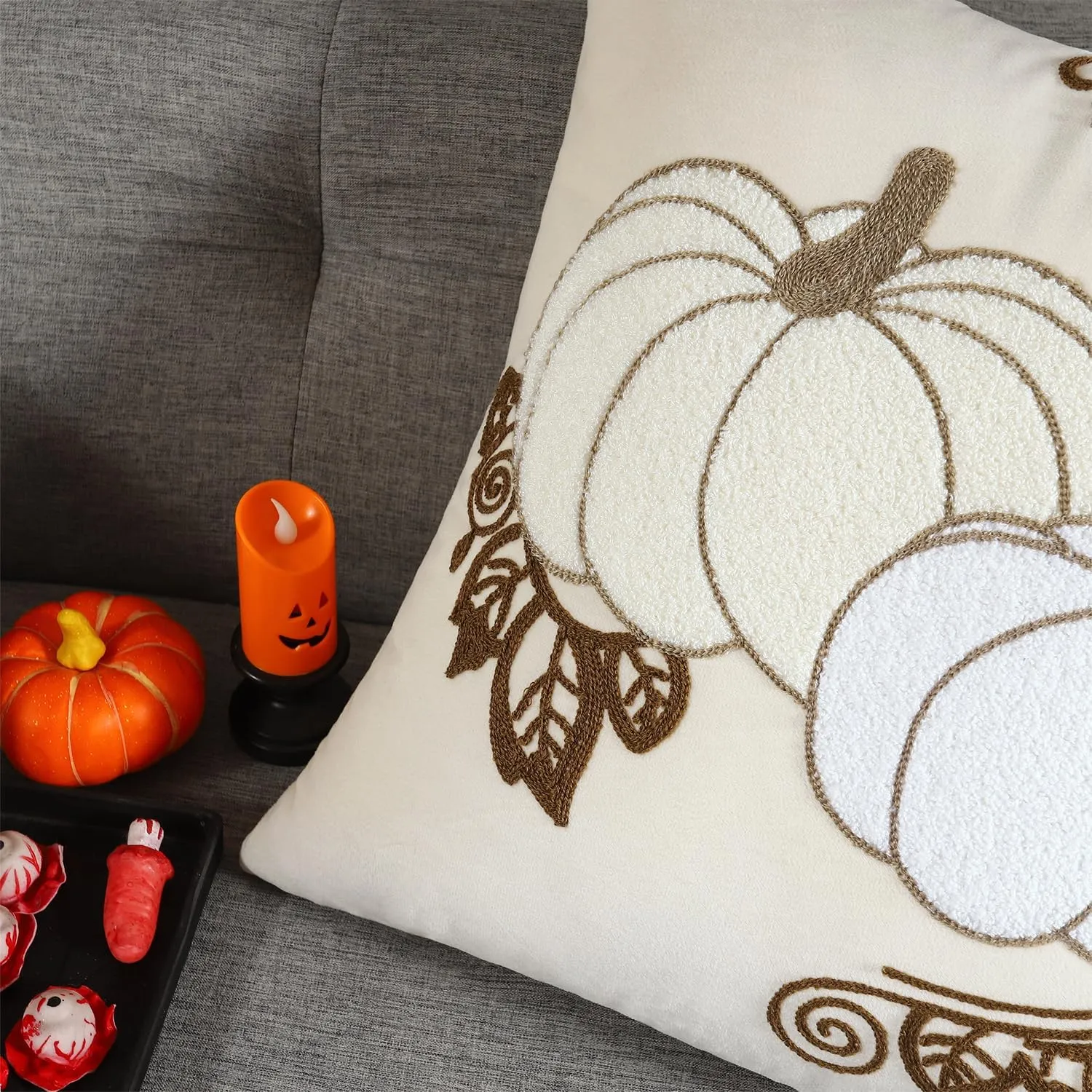 LUOYEHK Halloween Pillow Covers 18x18 Set of 2 White Pumpkins Embroidery Throw Pillow Covers Farmhouse Thanksgiving Home Decor Cushion Covers for Couch Sofa Bed