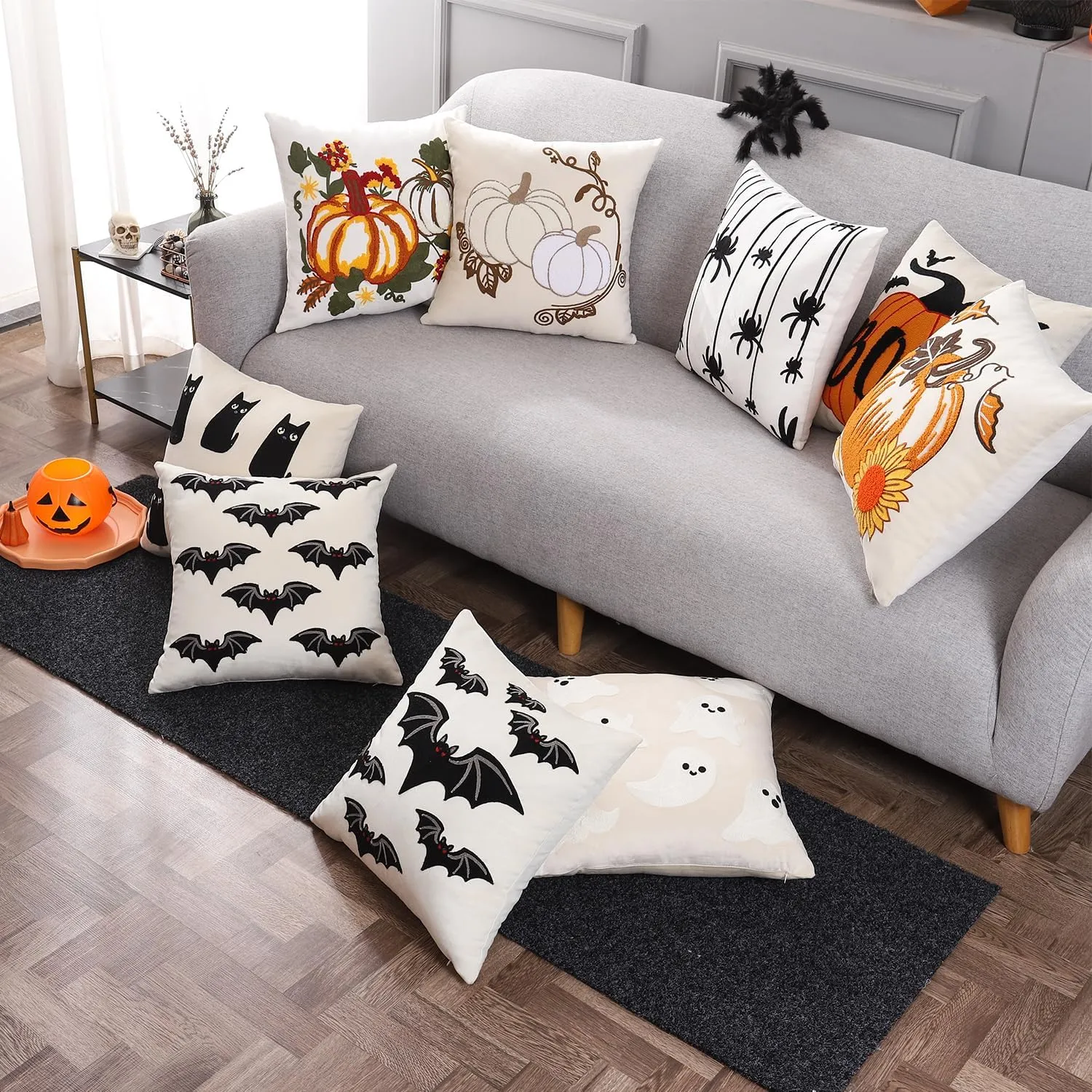 LUOYEHK Halloween Pillow Covers 18x18 Set of 2 White Pumpkins Embroidery Throw Pillow Covers Farmhouse Thanksgiving Home Decor Cushion Covers for Couch Sofa Bed