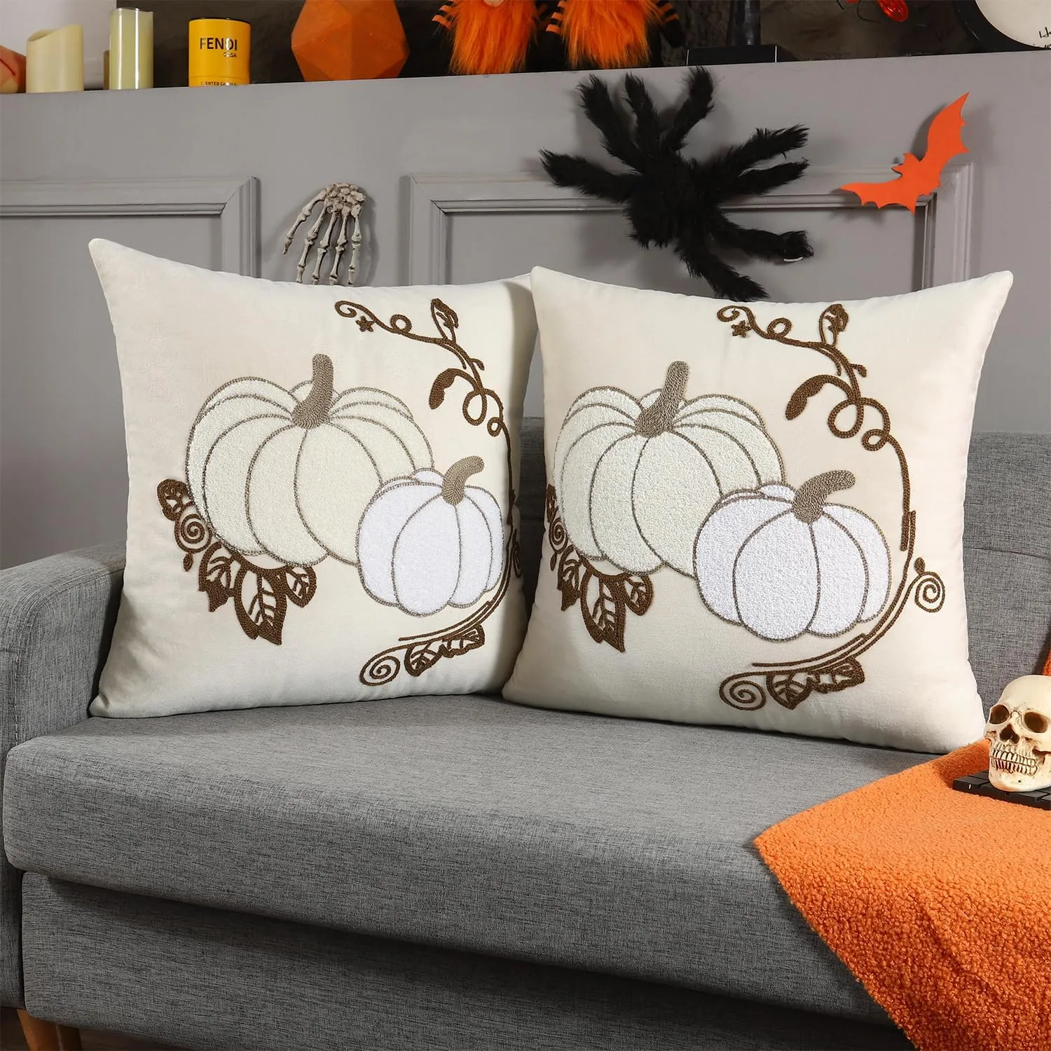 LUOYEHK Halloween Pillow Covers 18x18 Set of 2 White Pumpkins Embroidery Throw Pillow Covers Farmhouse Thanksgiving Home Decor Cushion Covers for Couch Sofa Bed