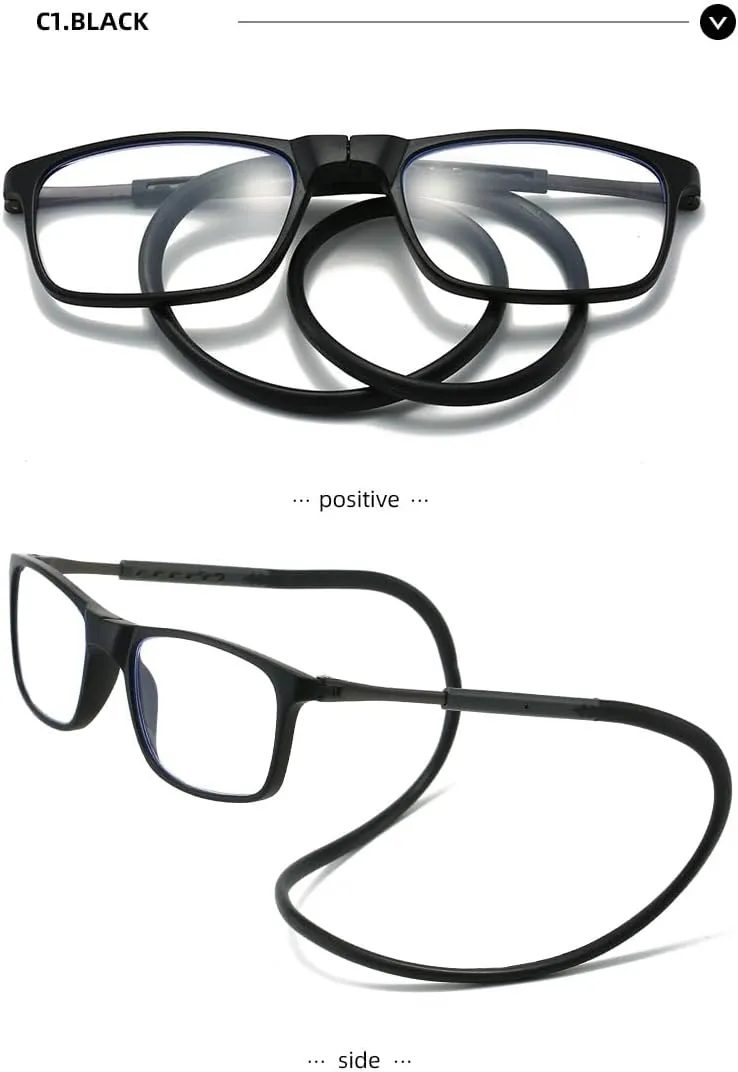 Magnetic Bridge Front Connect Reading Glasses Clear or Blue Light Lens Men&Women Around Neck Hang Adjustable Readers