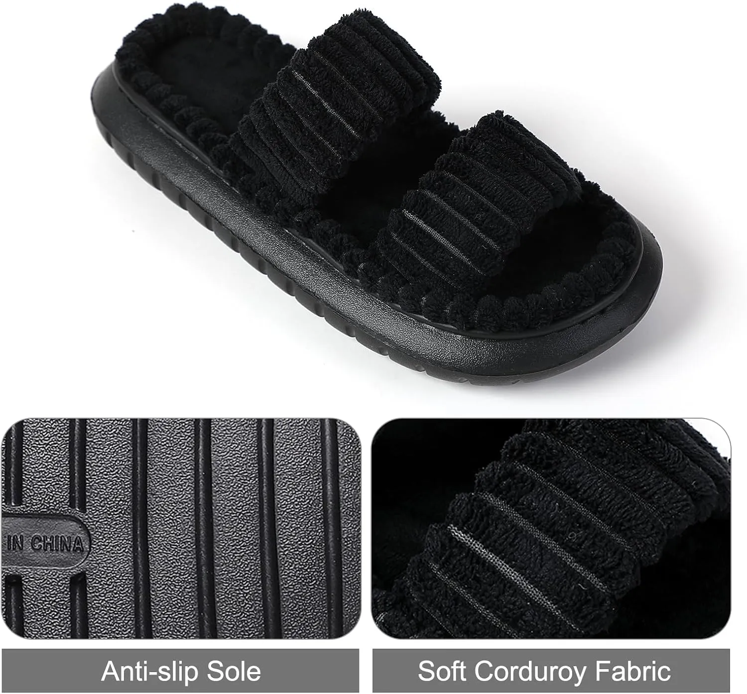 Menore Slippers for Women Crossbands House Bedroom Slides Linen Open Toe Cozy Corduroy Fuzzy Slide Sandals Indoor Outdoor Four Seasons