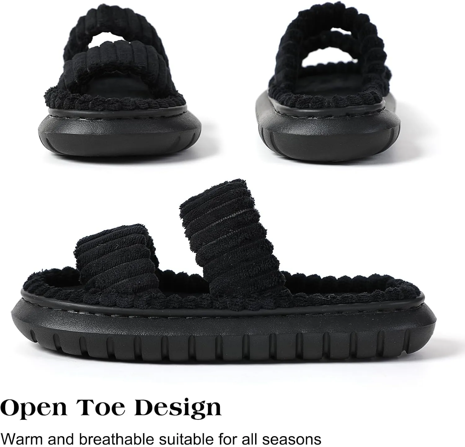Menore Slippers for Women Crossbands House Bedroom Slides Linen Open Toe Cozy Corduroy Fuzzy Slide Sandals Indoor Outdoor Four Seasons