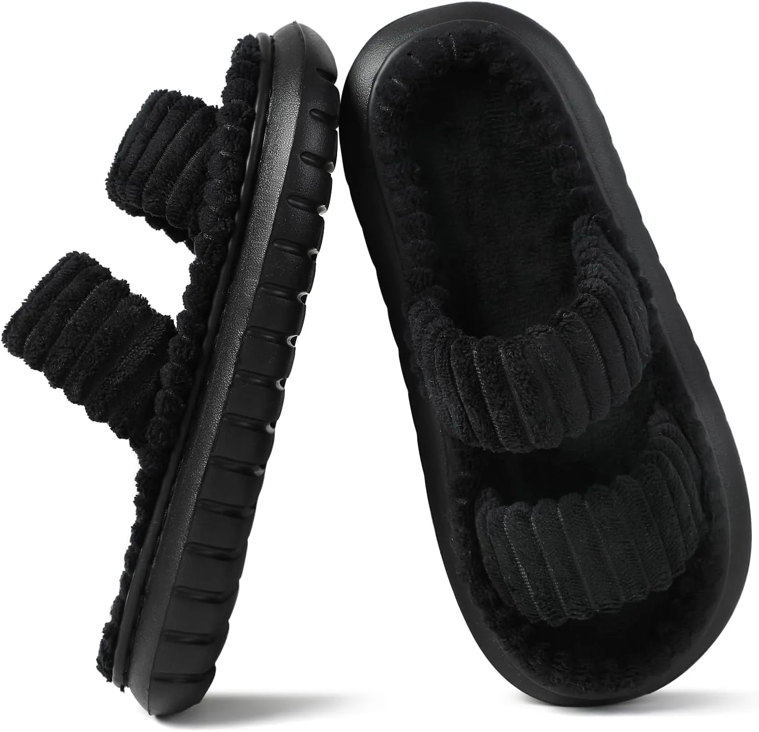 Menore Slippers for Women Crossbands House Bedroom Slides Linen Open Toe Cozy Corduroy Fuzzy Slide Sandals Indoor Outdoor Four Seasons