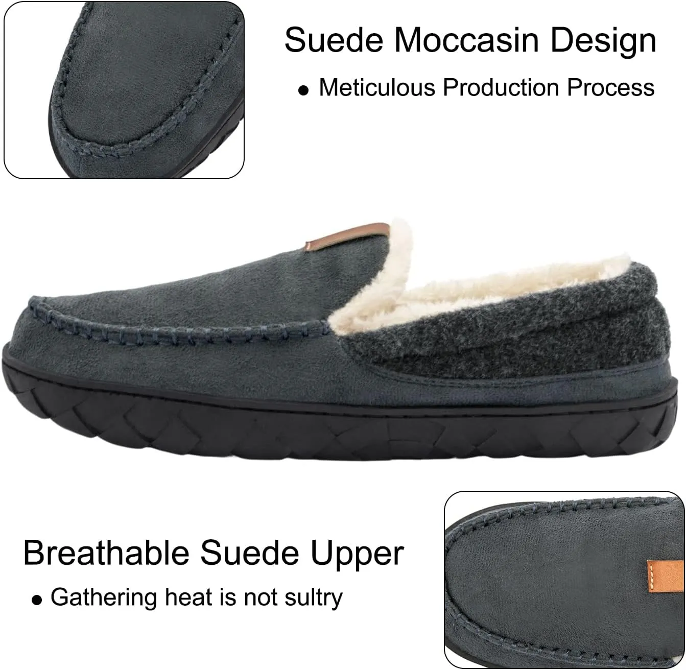 Mens Moccasin Slippers Memory Foam Suede House Slippers for Men with Soft Fleece Lining Anti-Skid Sole Indoor Outdoor House Shoes