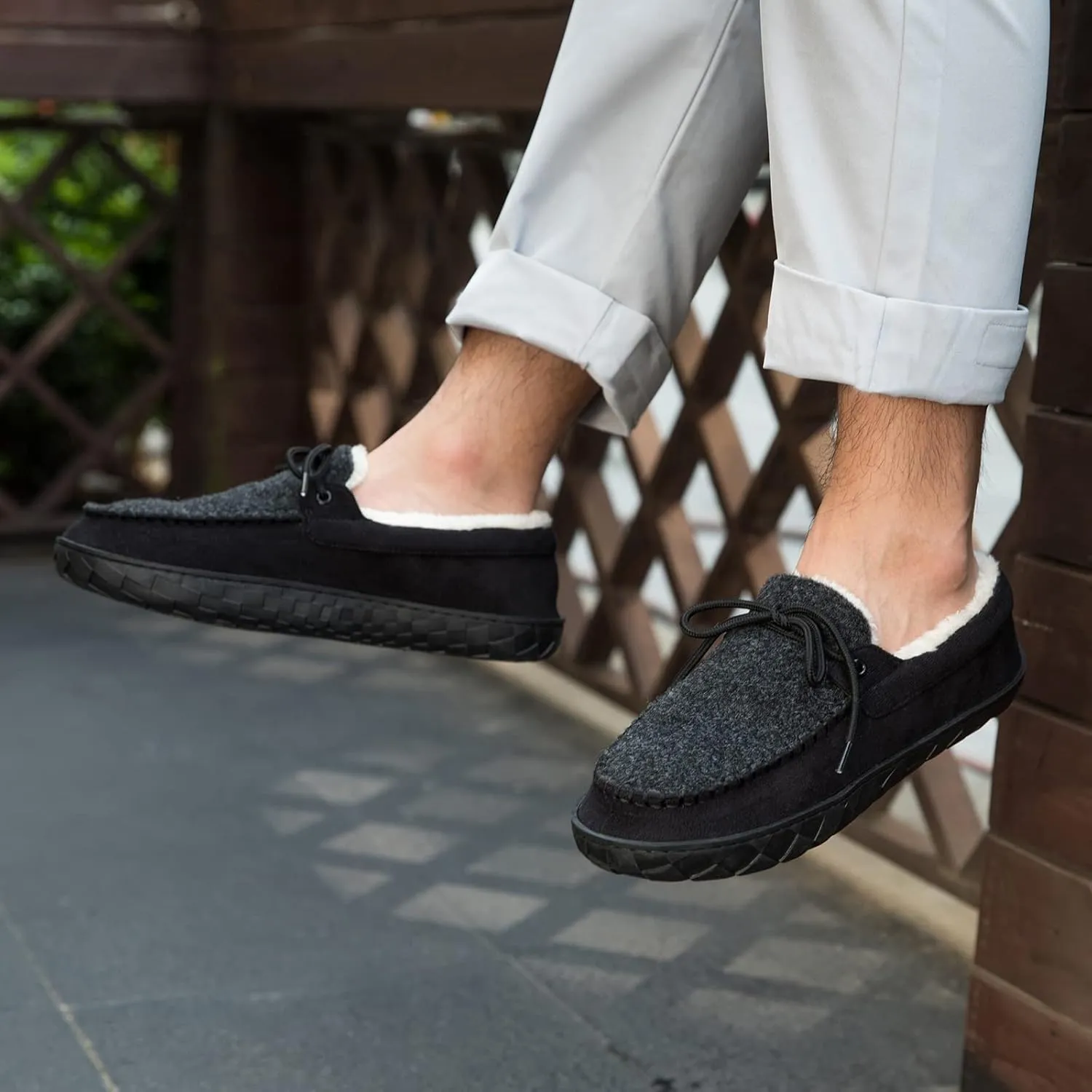 Mens Moccasin Slippers Memory Foam Suede House Slippers for Men with Soft Fleece Lining Anti-Skid Sole Indoor Outdoor House Shoes