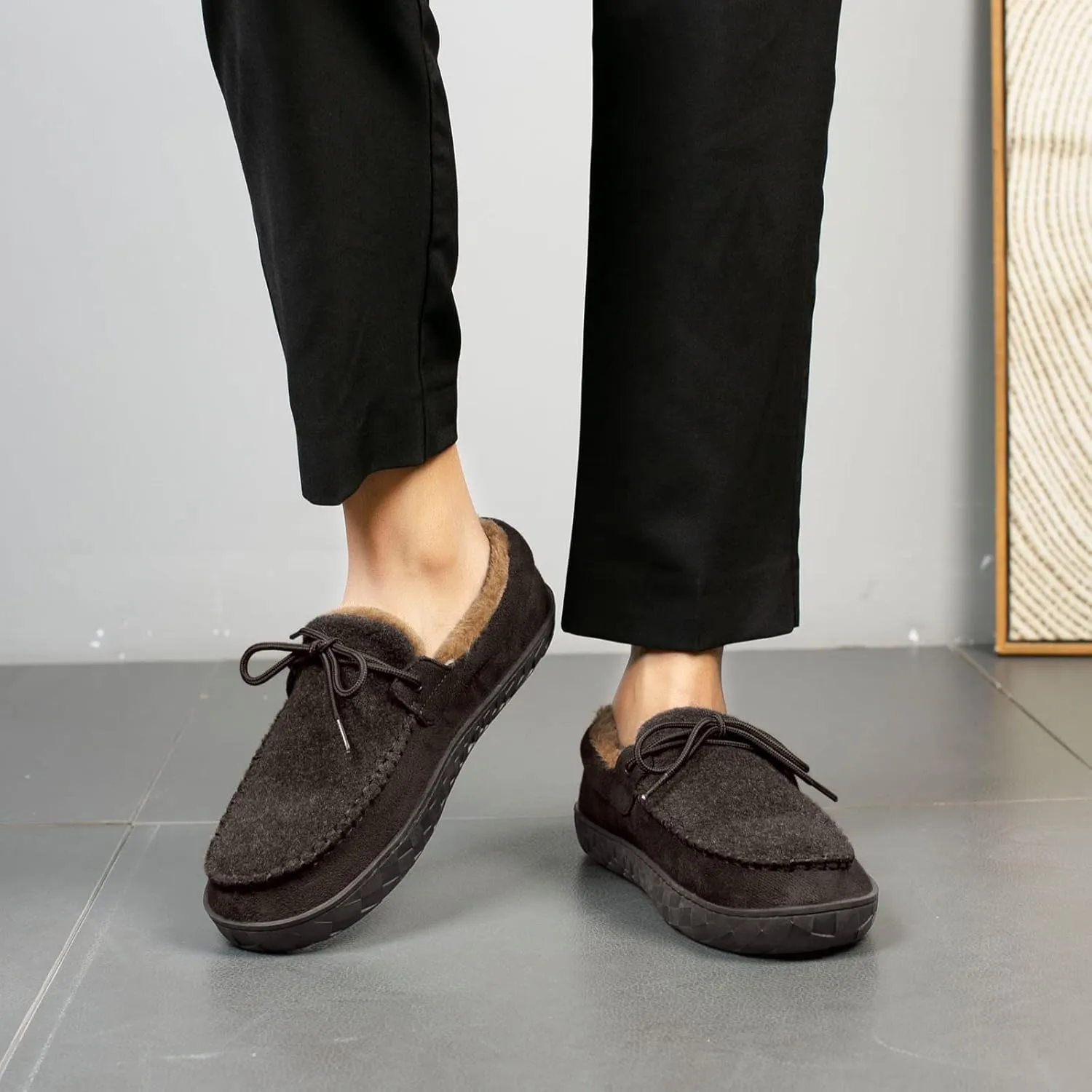 Mens Moccasin Slippers Memory Foam Suede House Slippers for Men with Soft Fleece Lining Anti-Skid Sole Indoor Outdoor House Shoes