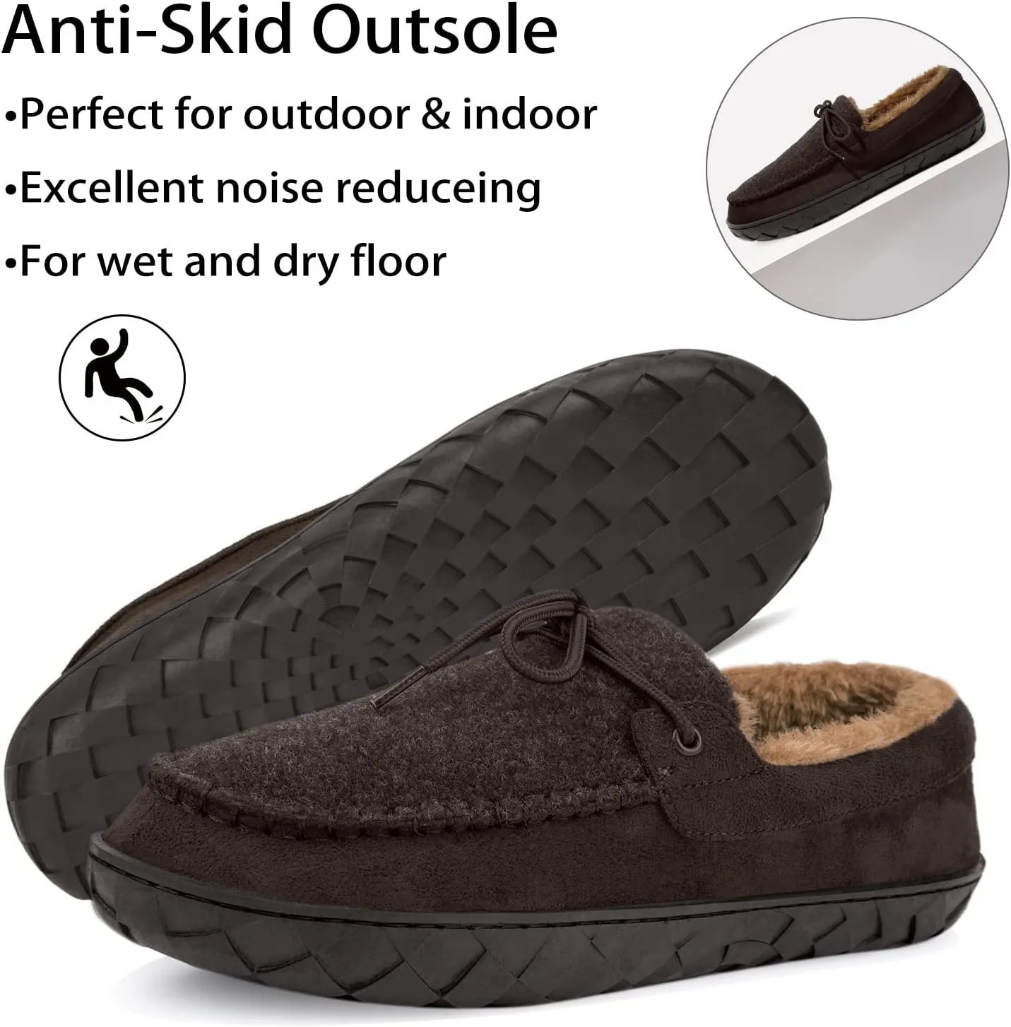 Mens Moccasin Slippers Memory Foam Suede House Slippers for Men with Soft Fleece Lining Anti-Skid Sole Indoor Outdoor House Shoes