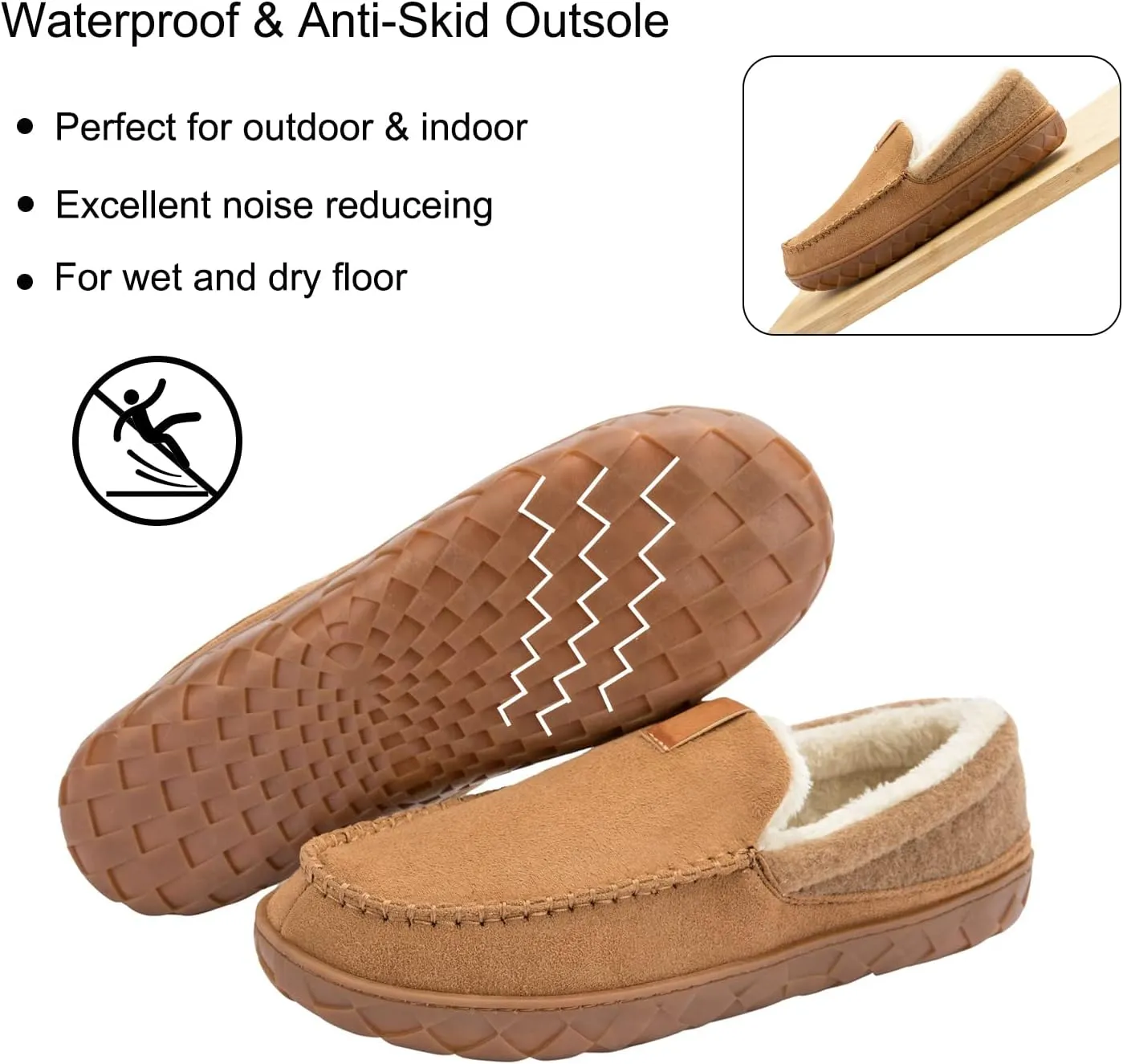 Mens Moccasin Slippers Memory Foam Suede House Slippers for Men with Soft Fleece Lining Anti-Skid Sole Indoor Outdoor House Shoes