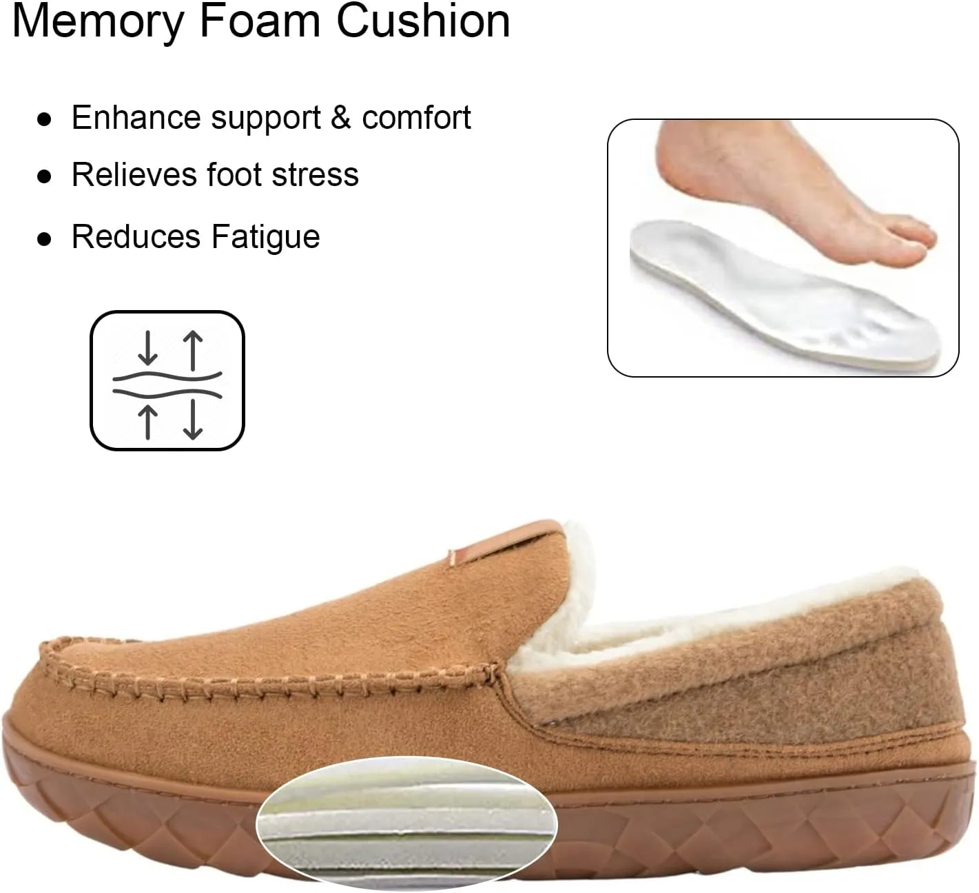Mens Moccasin Slippers Memory Foam Suede House Slippers for Men with Soft Fleece Lining Anti-Skid Sole Indoor Outdoor House Shoes
