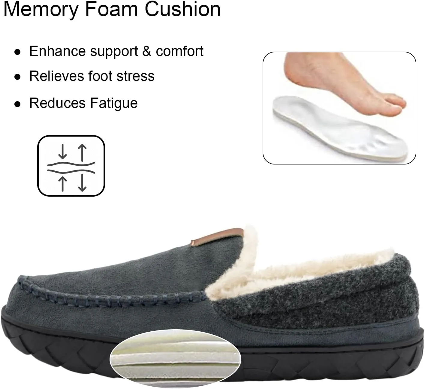 Mens Moccasin Slippers Memory Foam Suede House Slippers for Men with Soft Fleece Lining Anti-Skid Sole Indoor Outdoor House Shoes