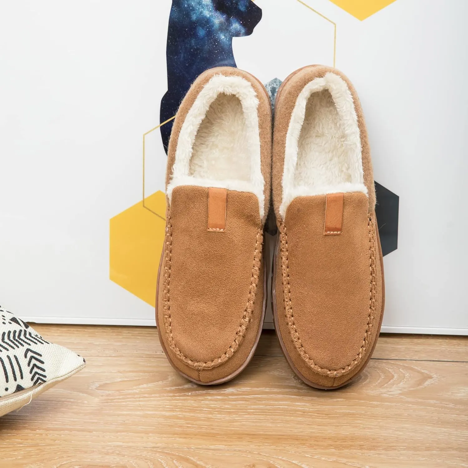 Mens Moccasin Slippers Memory Foam Suede House Slippers for Men with Soft Fleece Lining Anti-Skid Sole Indoor Outdoor House Shoes