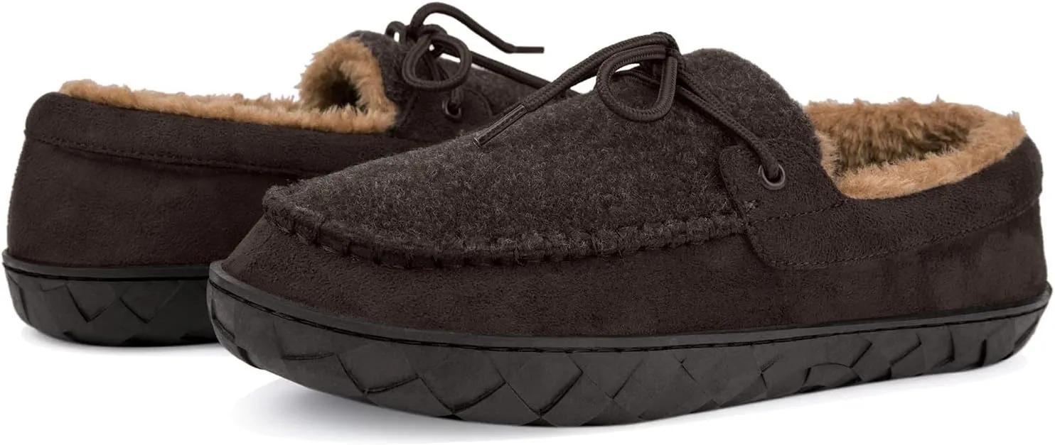 Mens Moccasin Slippers Memory Foam Suede House Slippers for Men with Soft Fleece Lining Anti-Skid Sole Indoor Outdoor House Shoes