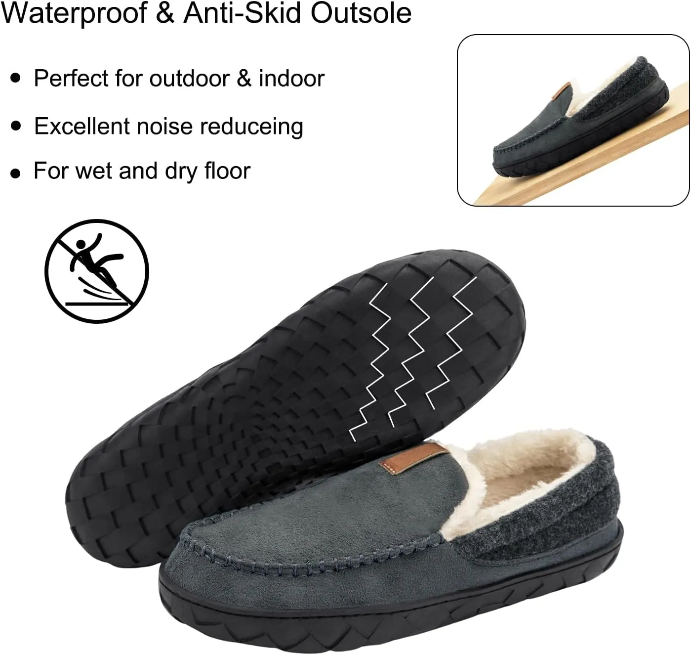 Mens Moccasin Slippers Memory Foam Suede House Slippers for Men with Soft Fleece Lining Anti-Skid Sole Indoor Outdoor House Shoes