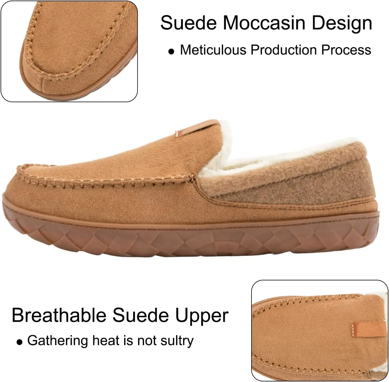 Mens Moccasin Slippers Memory Foam Suede House Slippers for Men with Soft Fleece Lining Anti-Skid Sole Indoor Outdoor House Shoes