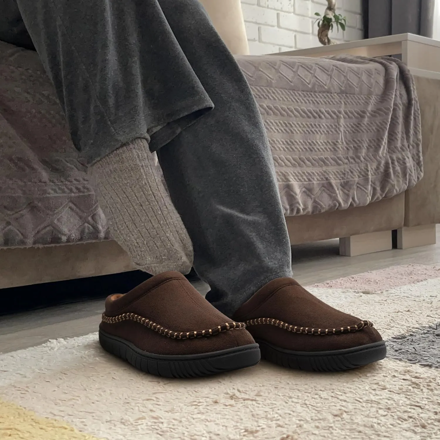 MIXIN Mens Slippers Indoor Outdoor Memory Foam Warm Fuzzy Fluffy Comfy House Shoes Anti-Slip Moccasin Slippers
