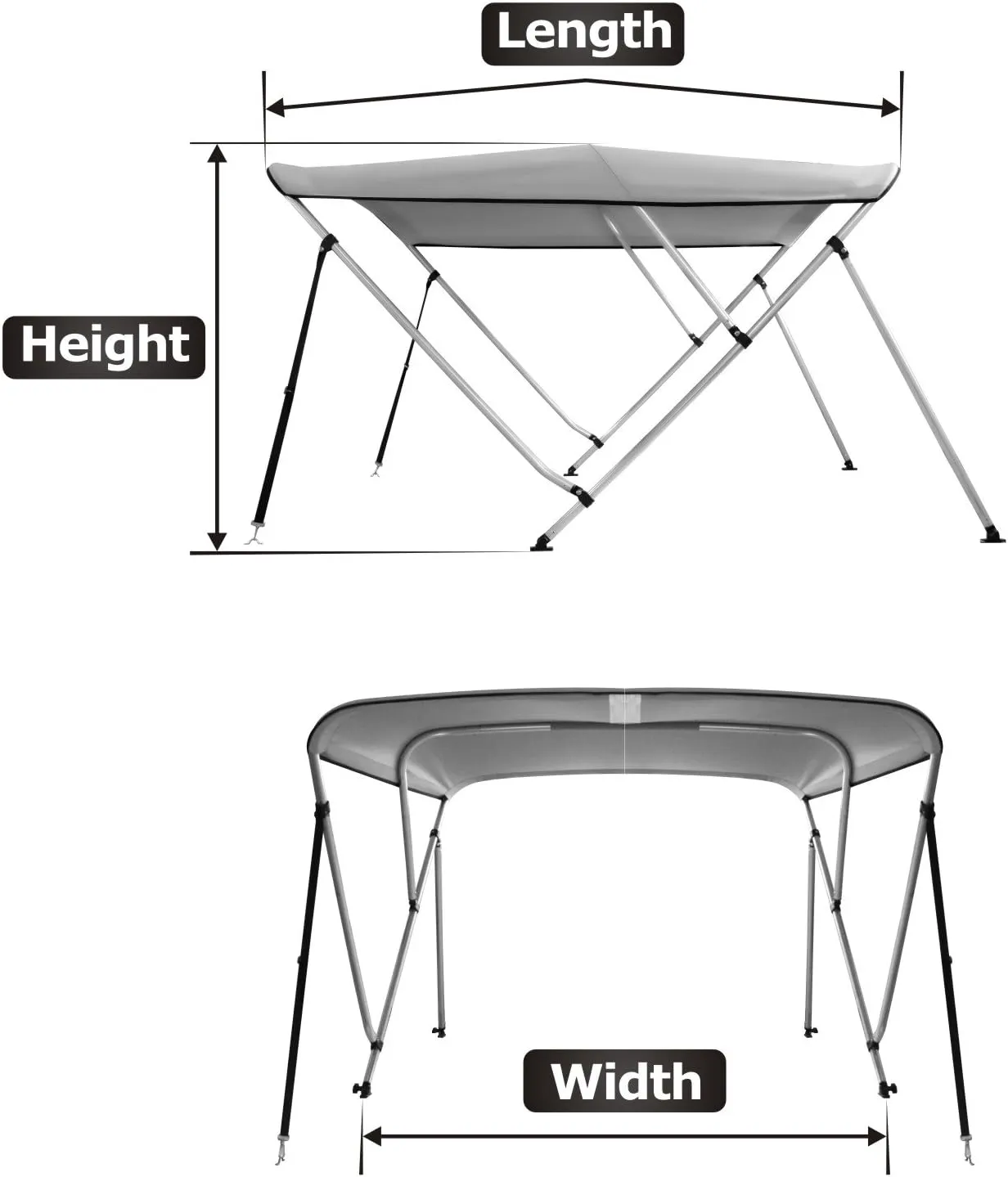 MSC 3 Bow 4 Bow Bimini Top Boat Cover,600D Solution Dyed Polyester,2 Support Poles& 4 Adjustable Straps Included