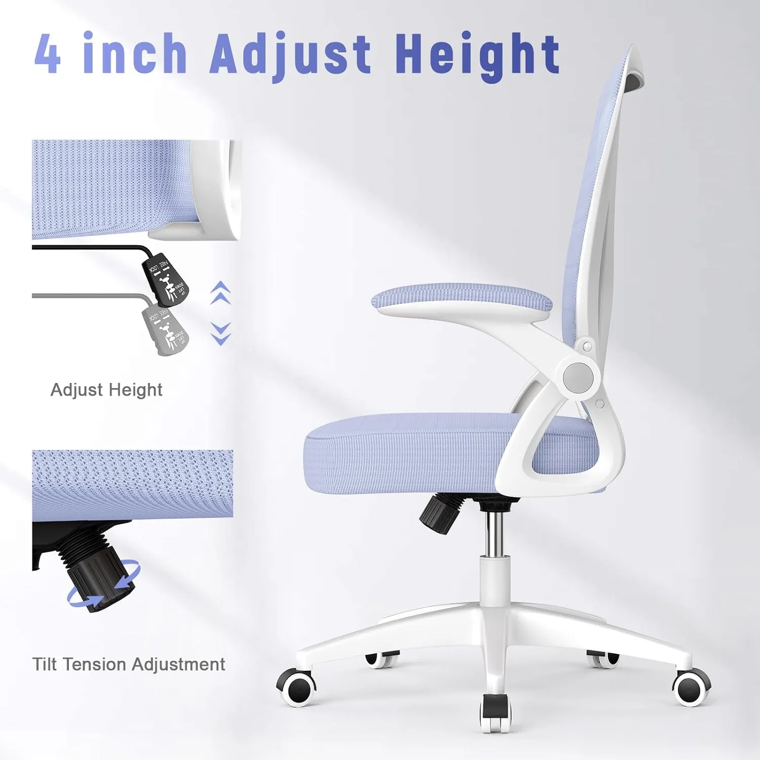 naspaluro Ergonomic Office Chair, Mid Back Desk Chair with Adjustable Height, Flip-Up Arms and Lumbar Support, Breathable Mesh Swivel Computer Chair for Home Study Working/Light Purple