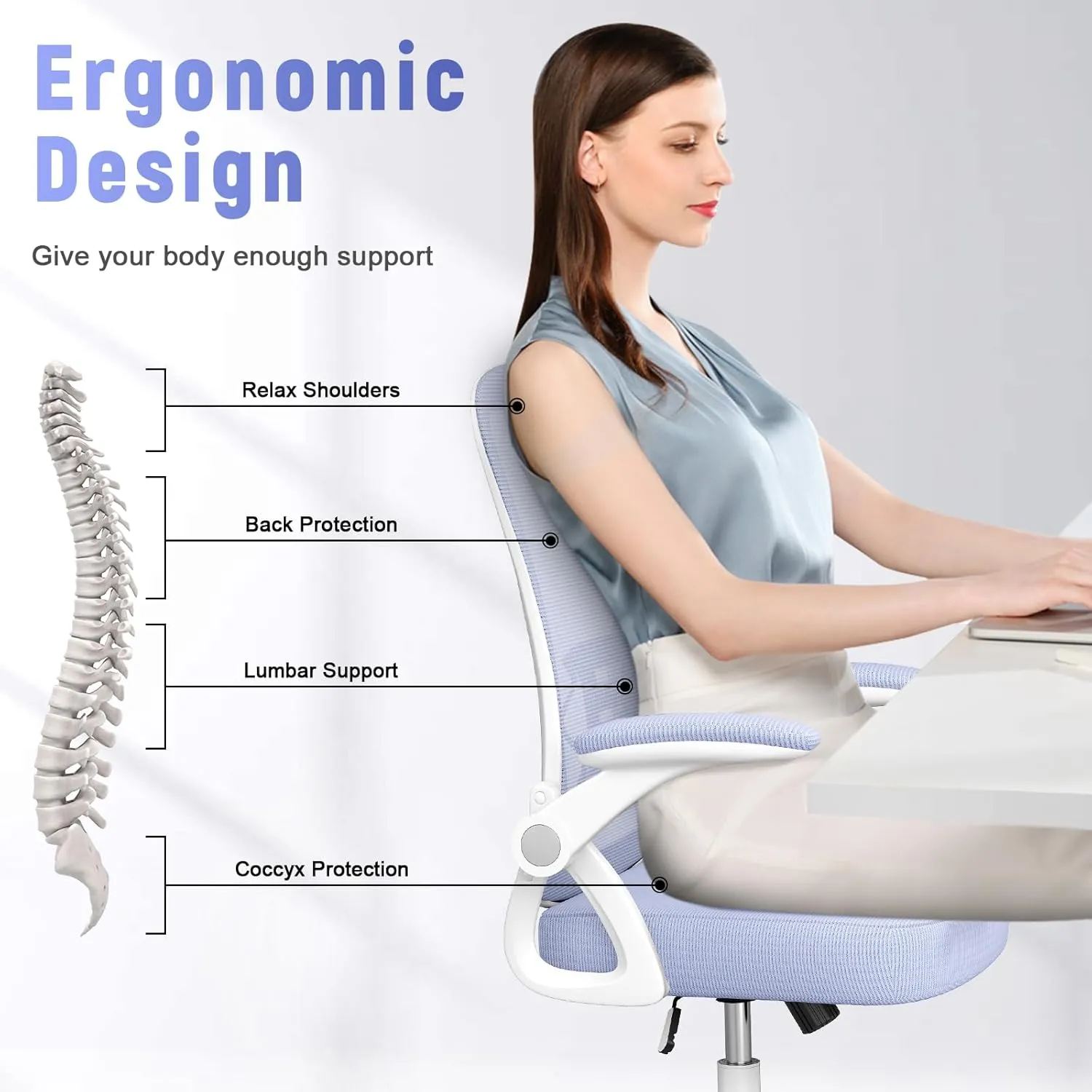 naspaluro Ergonomic Office Chair, Mid Back Desk Chair with Adjustable Height, Flip-Up Arms and Lumbar Support, Breathable Mesh Swivel Computer Chair for Home Study Working/Light Purple