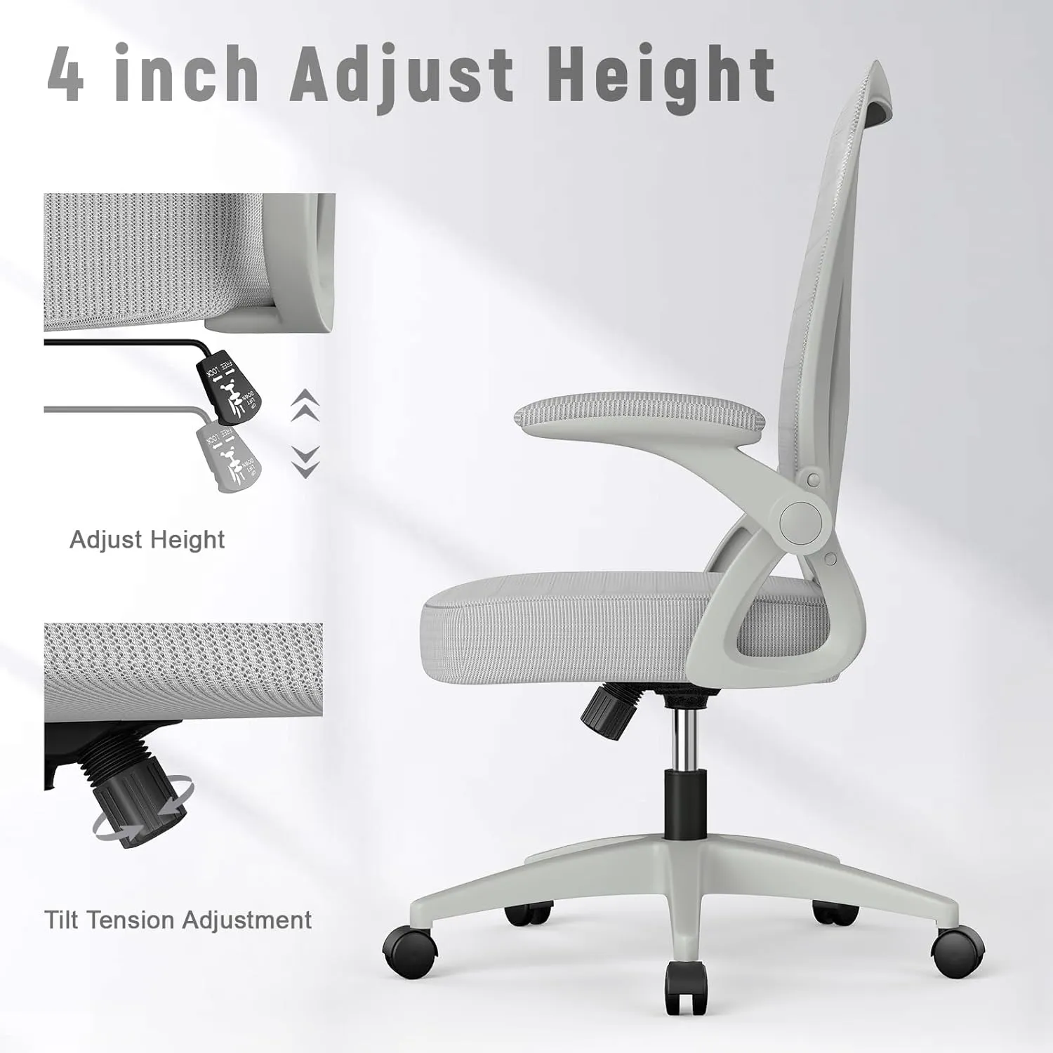 naspaluro Ergonomic Office Chair, Mid Back Desk Chair with Adjustable Height, Swivel Chair with Flip-Up Arms and Lumbar Support, Breathable Mesh Computer Chair for Home/Study/Working, Grey