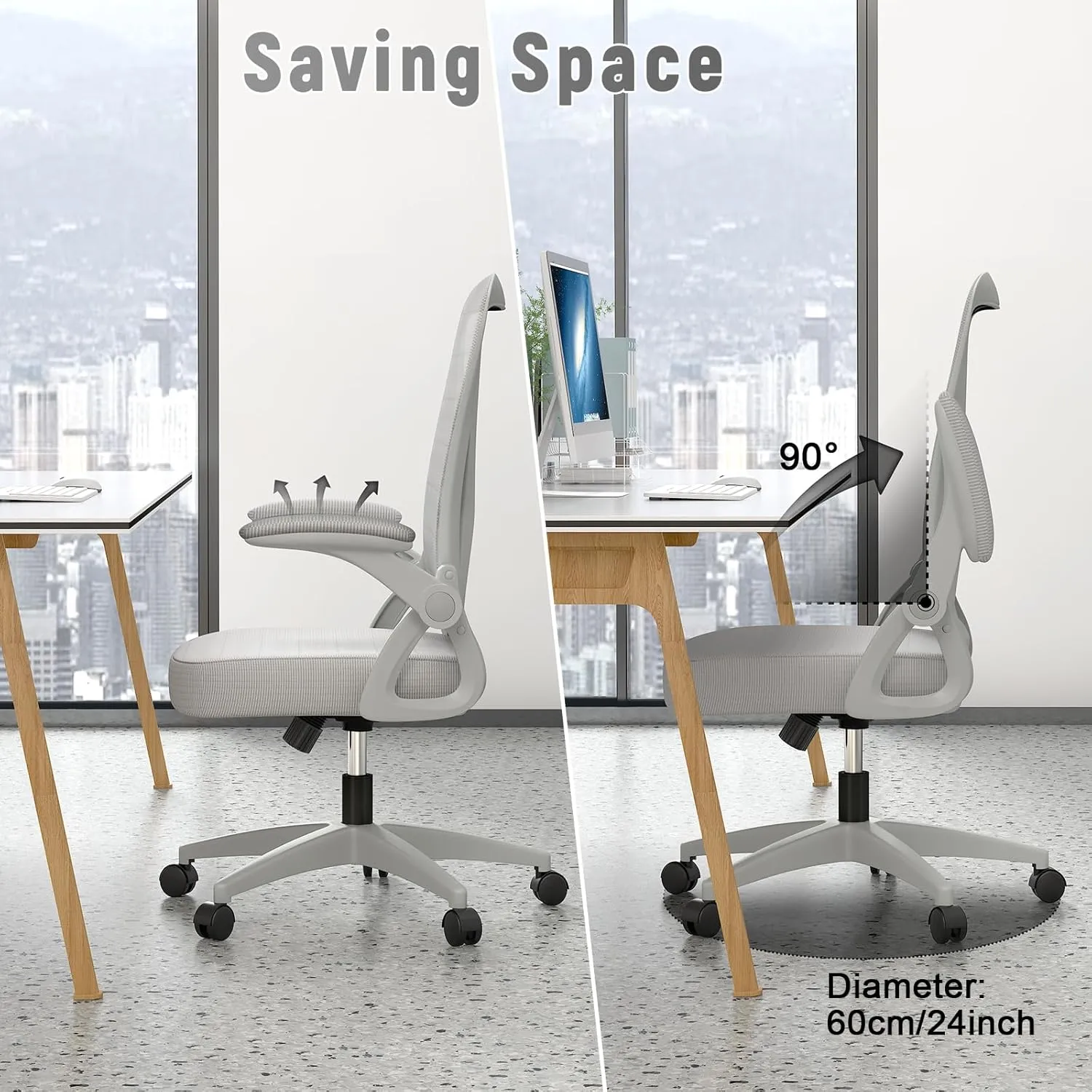 naspaluro Ergonomic Office Chair, Mid Back Desk Chair with Adjustable Height, Swivel Chair with Flip-Up Arms and Lumbar Support, Breathable Mesh Computer Chair for Home/Study/Working, Grey