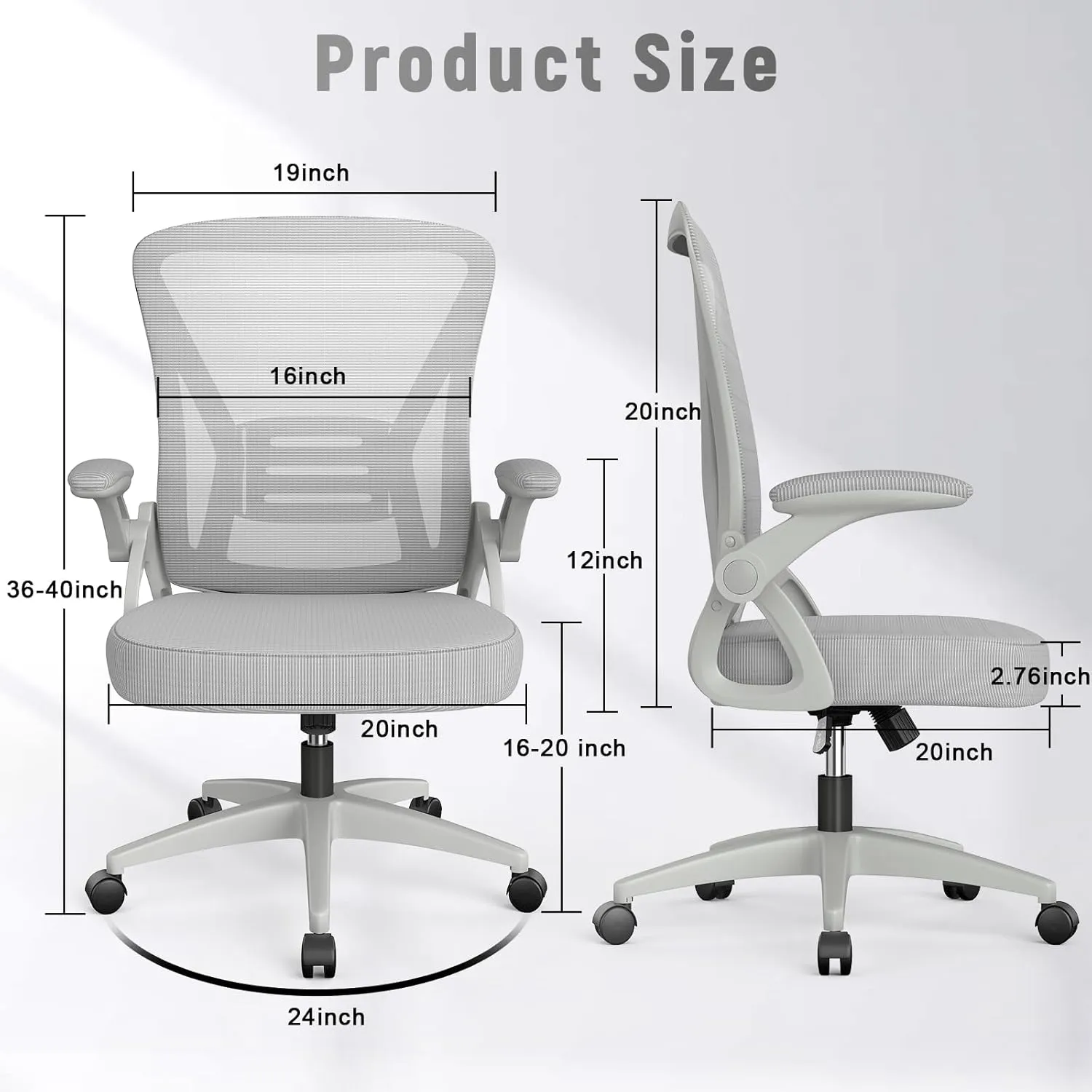naspaluro Ergonomic Office Chair, Mid Back Desk Chair with Adjustable Height, Swivel Chair with Flip-Up Arms and Lumbar Support, Breathable Mesh Computer Chair for Home/Study/Working, Grey