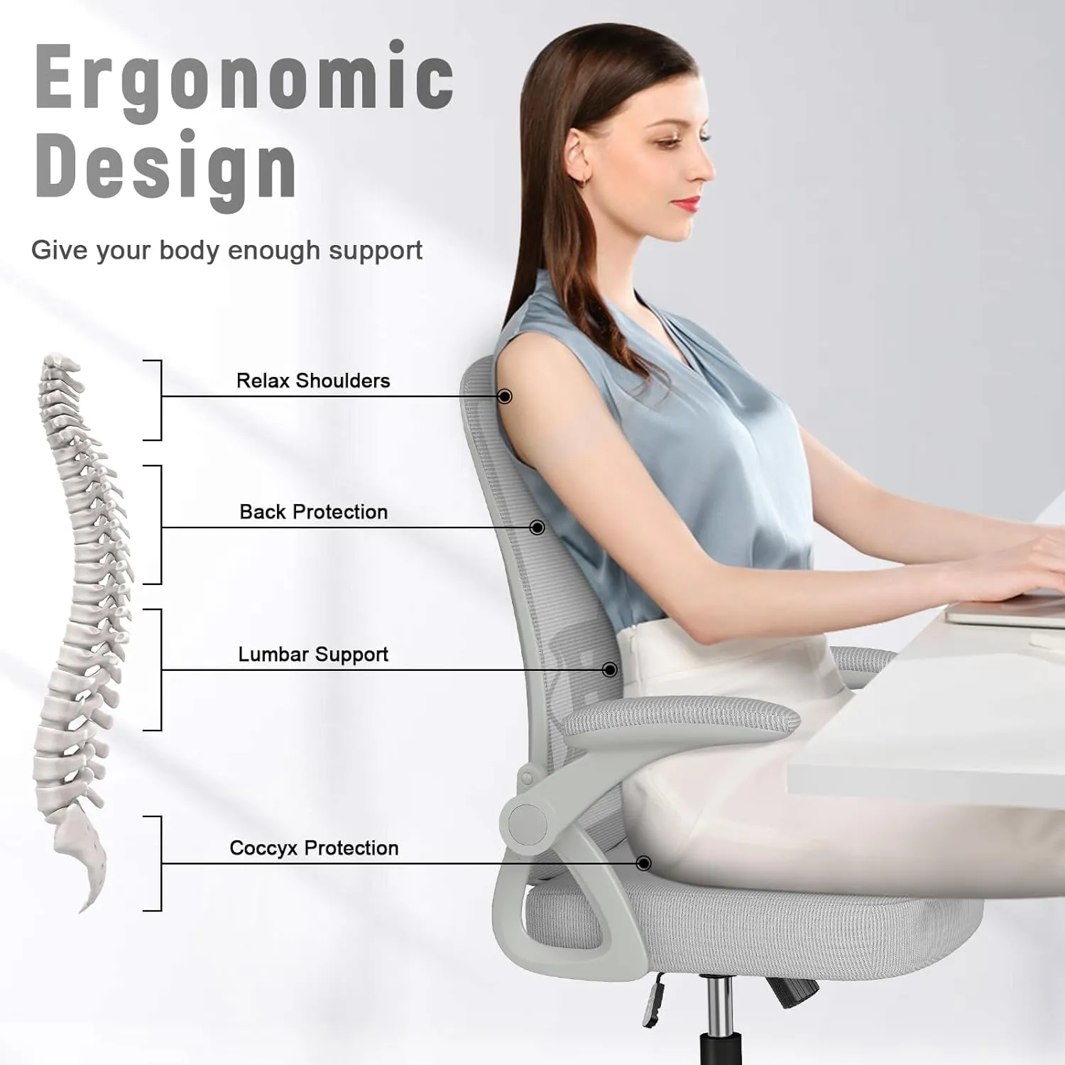 naspaluro Ergonomic Office Chair, Mid Back Desk Chair with Adjustable Height, Swivel Chair with Flip-Up Arms and Lumbar Support, Breathable Mesh Computer Chair for Home/Study/Working, Grey